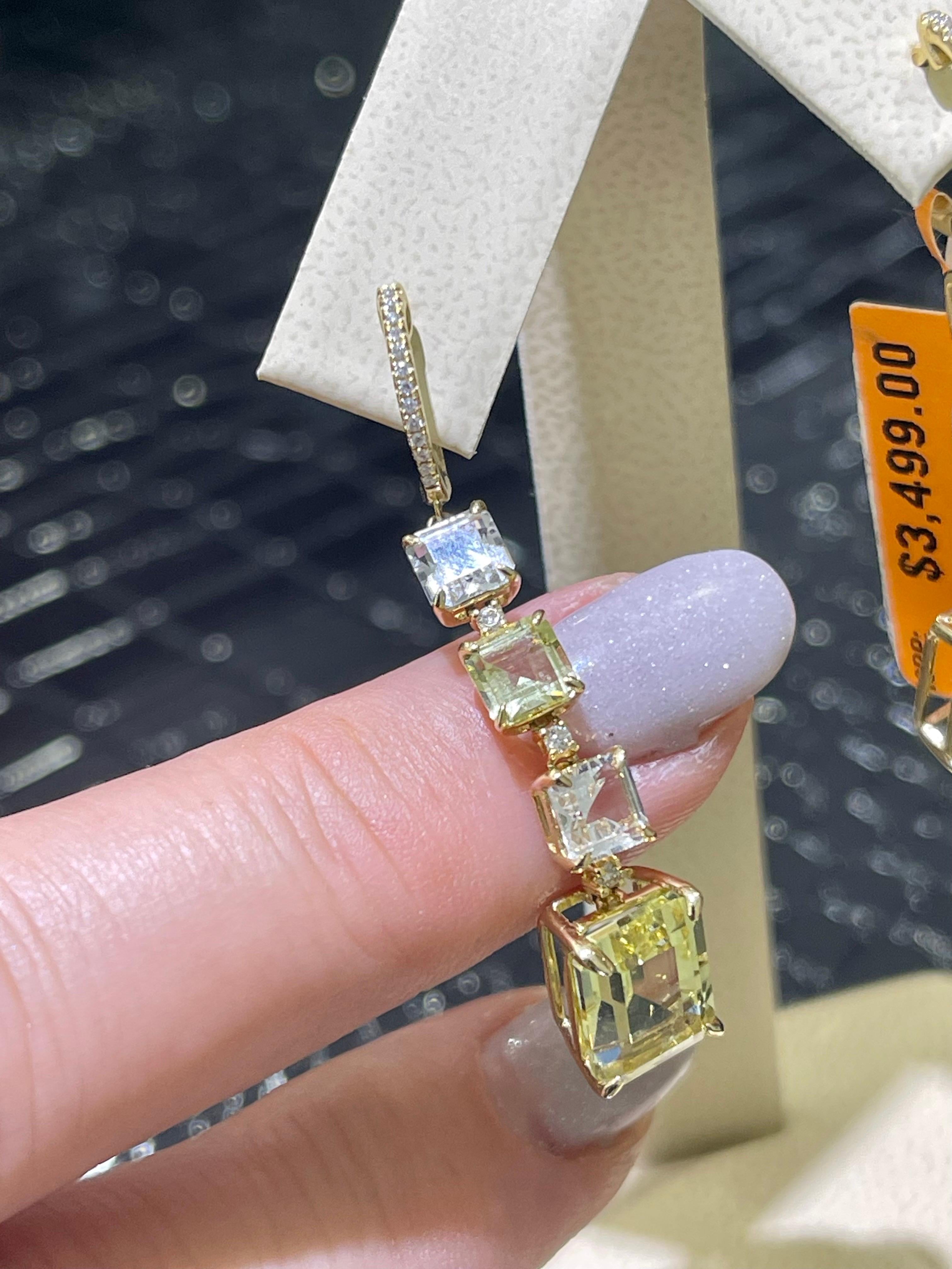 Wunderschöne Diamant-, Limonenquarz- und weißer Topas-Ohrringe aus 14k (Baguetteschliff) im Angebot