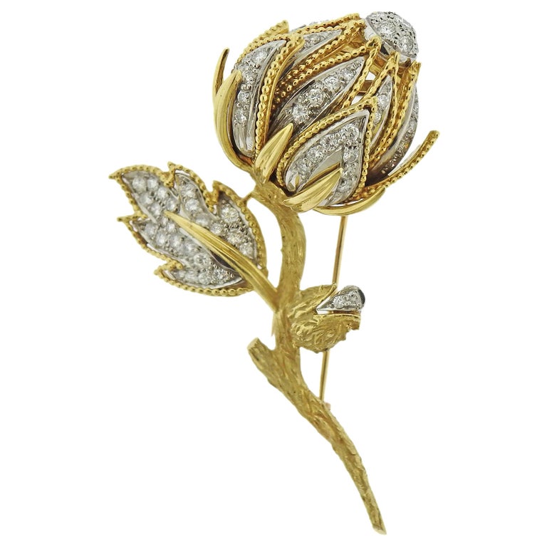 Diamond Yellow Gold Flower Brooch For Sale at 1stDibs diamond flower brooch
