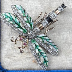 Gorgeous Dragonfly Brooch Sliver Gold, Ruby, Emerald and Diamonds