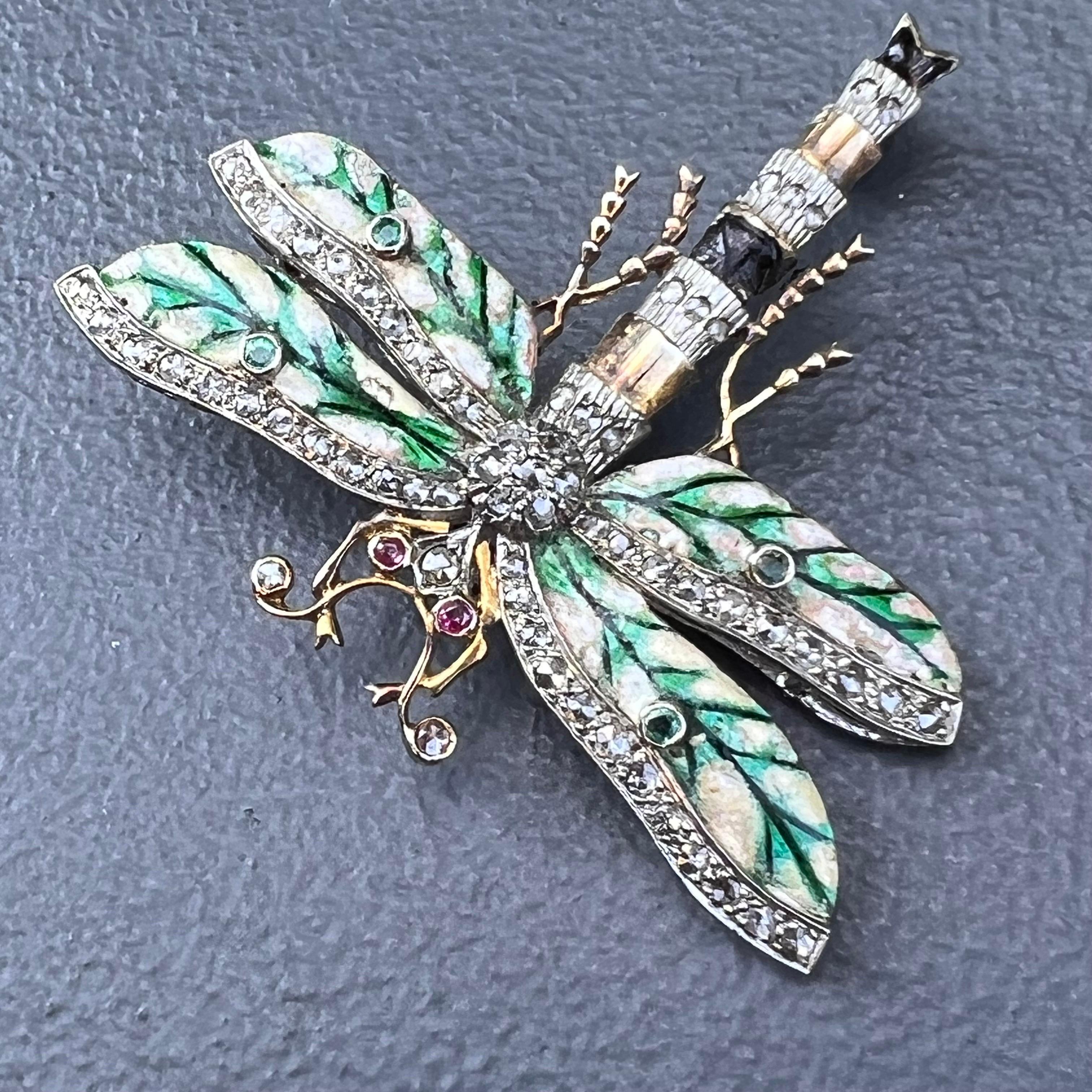 Art Nouveau Gorgeous Dragonfly Brooch Sliver Gold, Ruby, Emerald and Diamonds For Sale