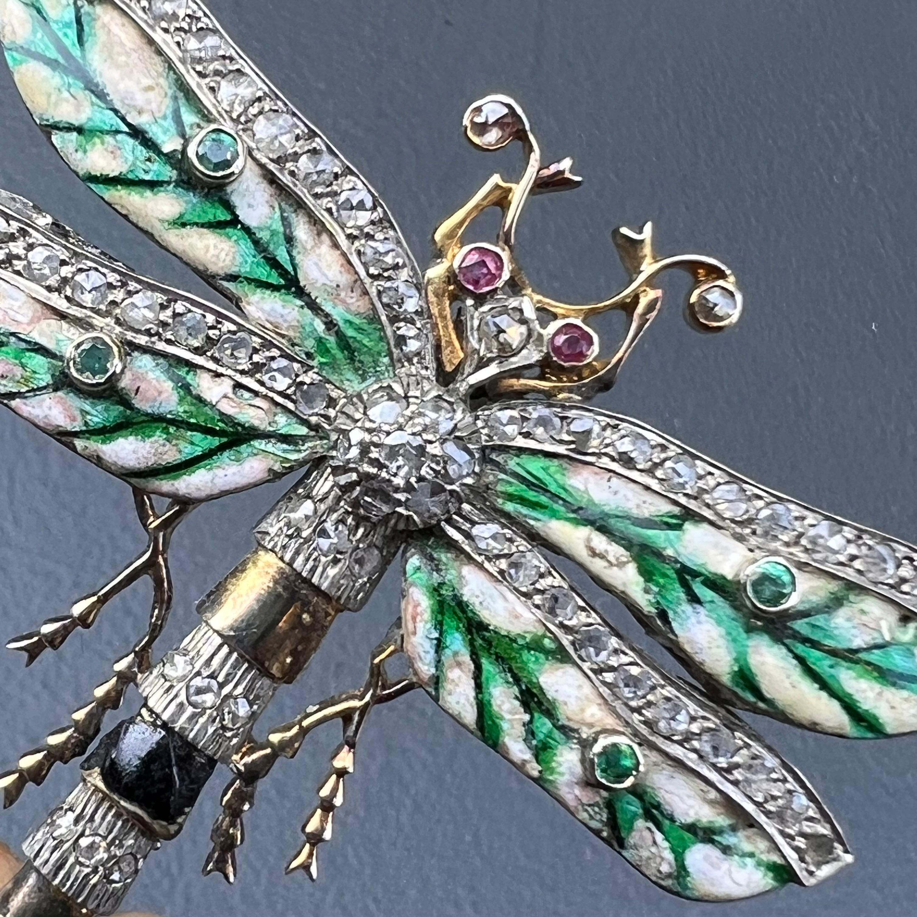 Women's or Men's Gorgeous Dragonfly Brooch Sliver Gold, Ruby, Emerald and Diamonds For Sale