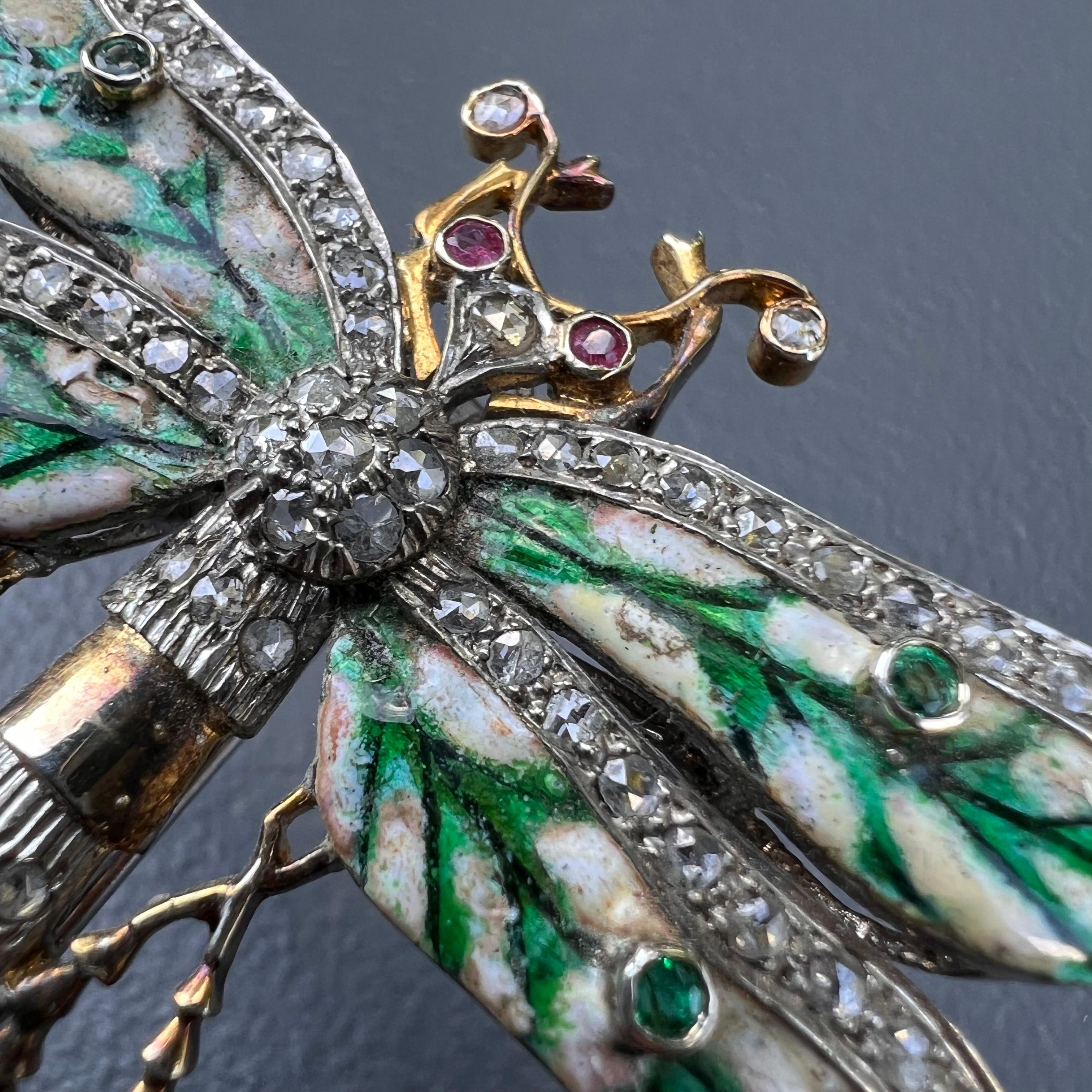 Gorgeous Dragonfly Brooch Sliver Gold, Ruby, Emerald and Diamonds For Sale 1