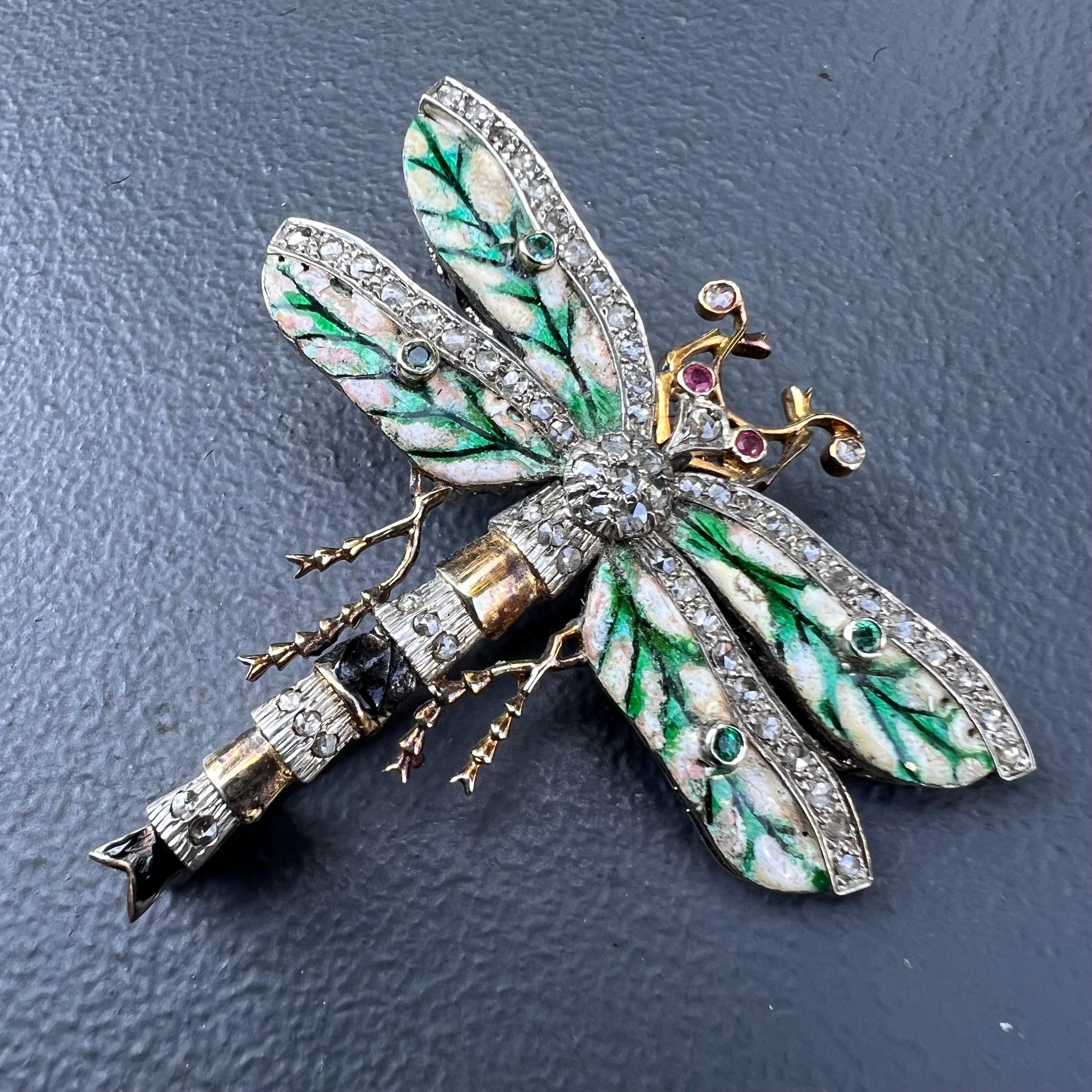 Gorgeous Dragonfly Brooch Sliver Gold, Ruby, Emerald and Diamonds For Sale 2