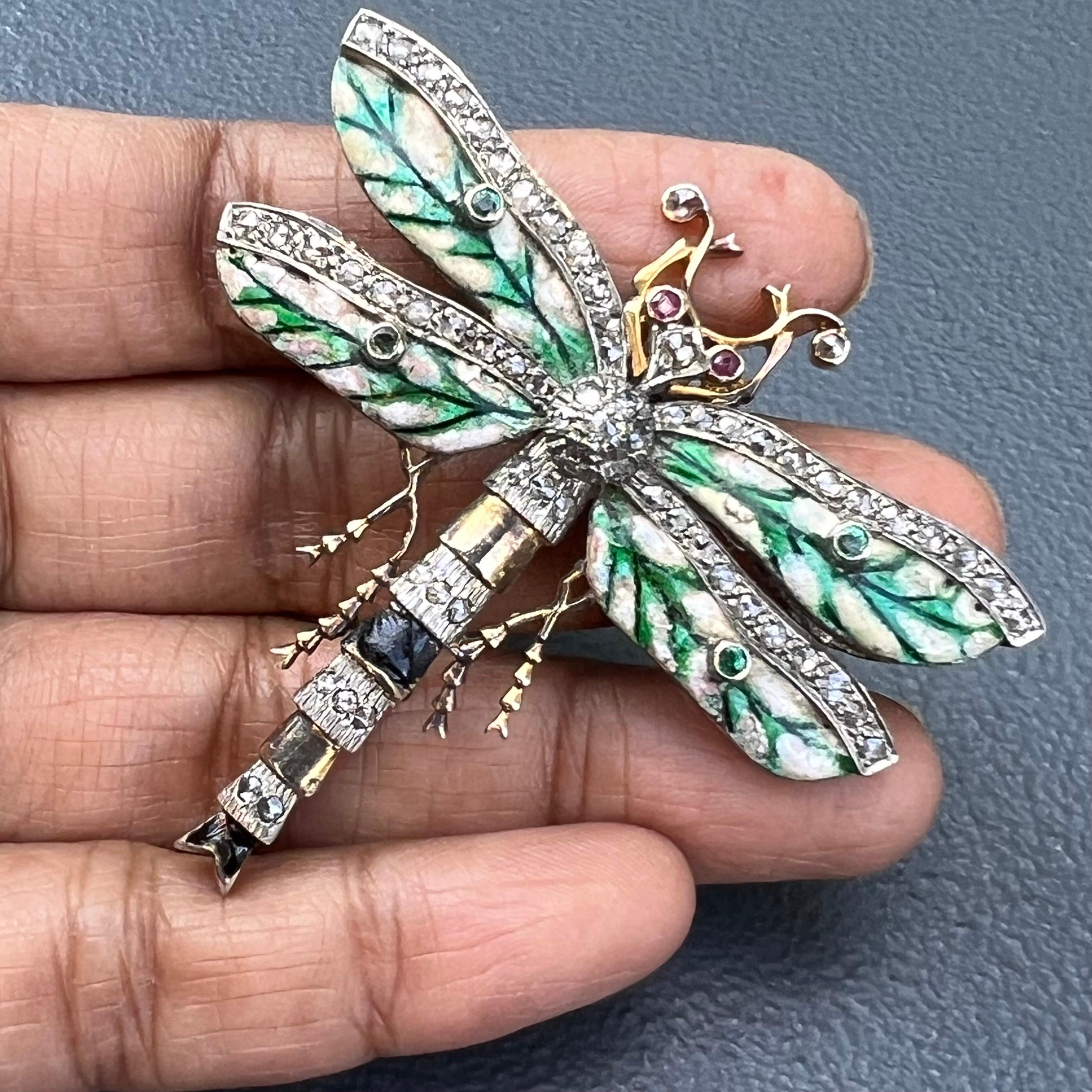 Gorgeous Dragonfly Brooch Sliver Gold, Ruby, Emerald and Diamonds For Sale 3