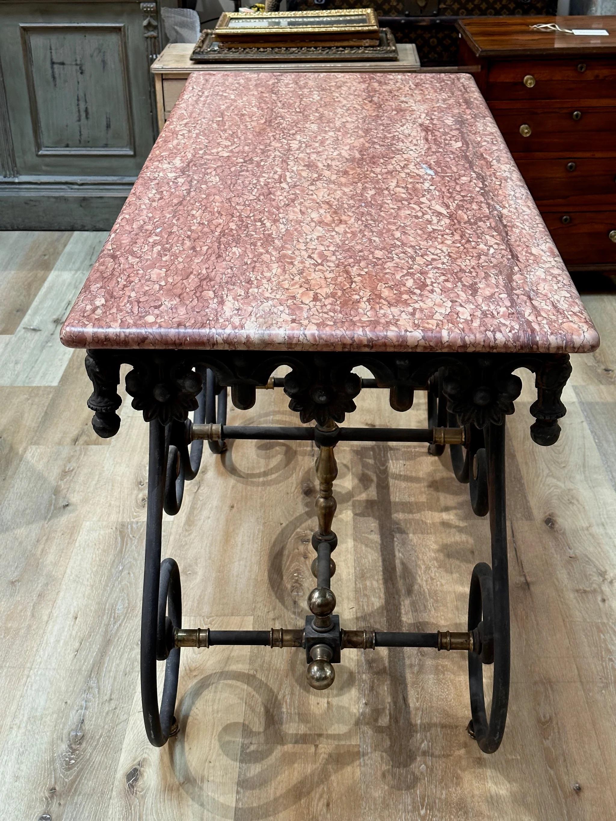 Gorgeous Early French Pastry Table, Caunes Pink Marble top In Good Condition In Charlottesville, VA