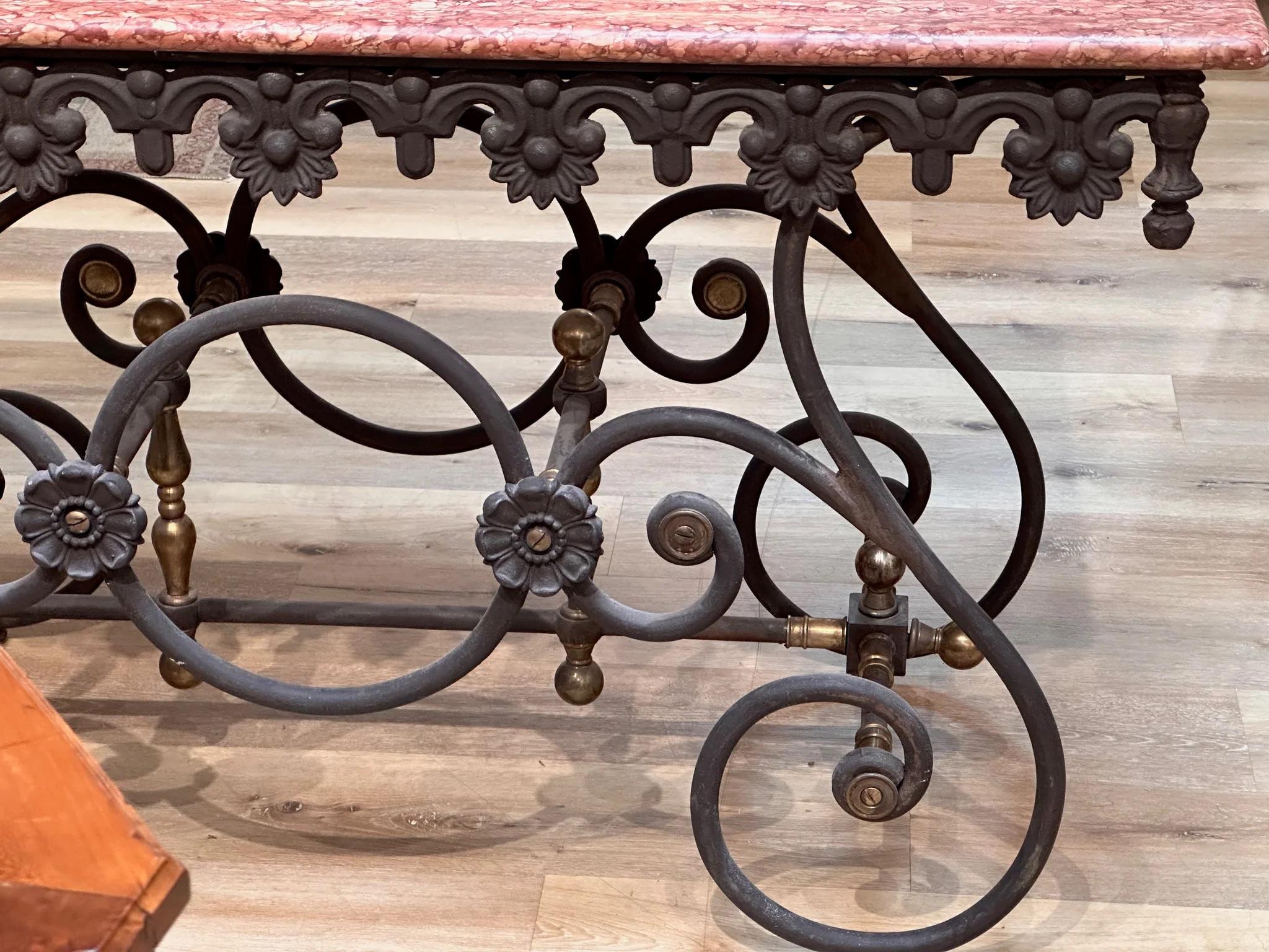 Wrought Iron Gorgeous Early French Pastry Table, Caunes Pink Marble top