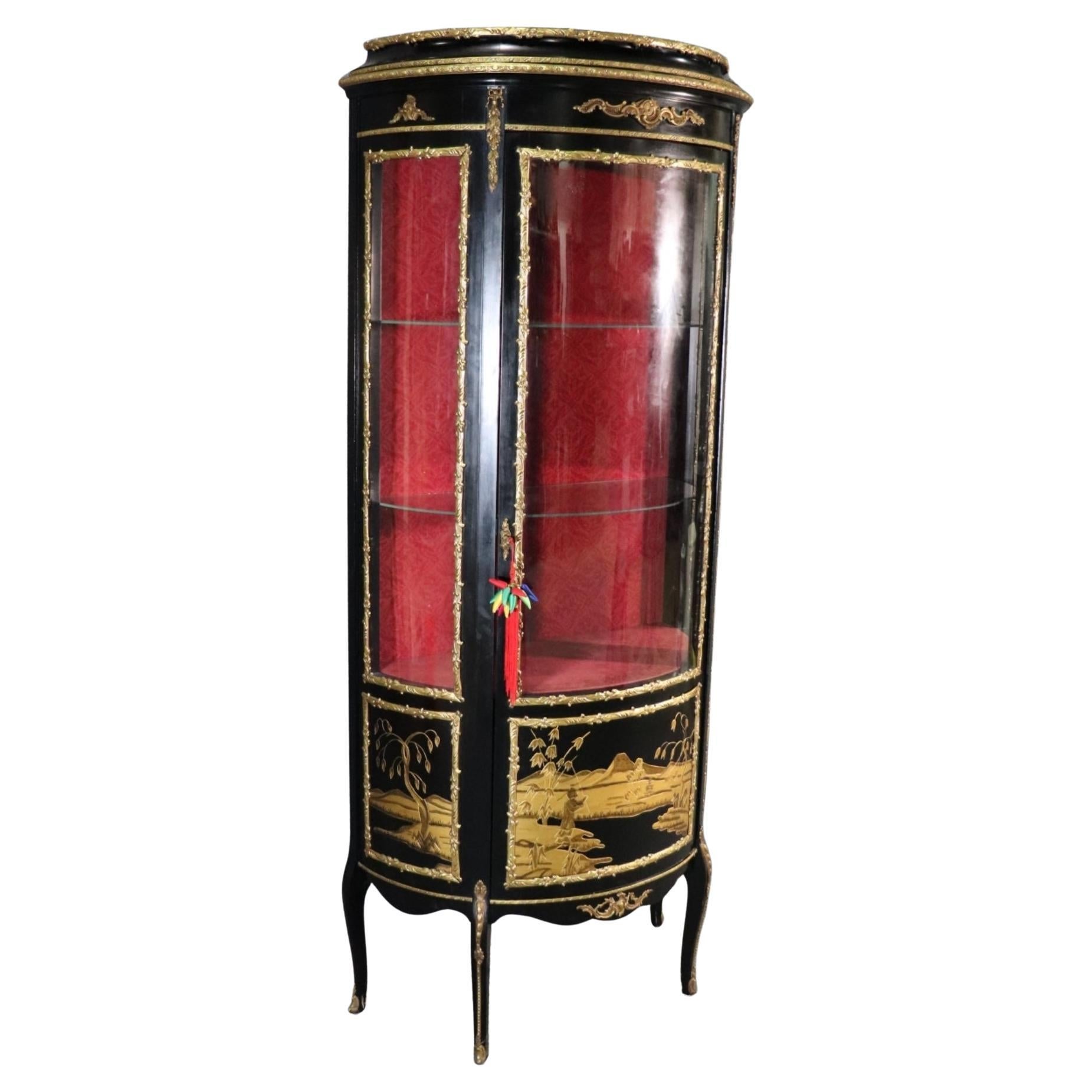 Gorgeous Ebonized Chinoiserie Decorated Vitrine Curio Cabinet