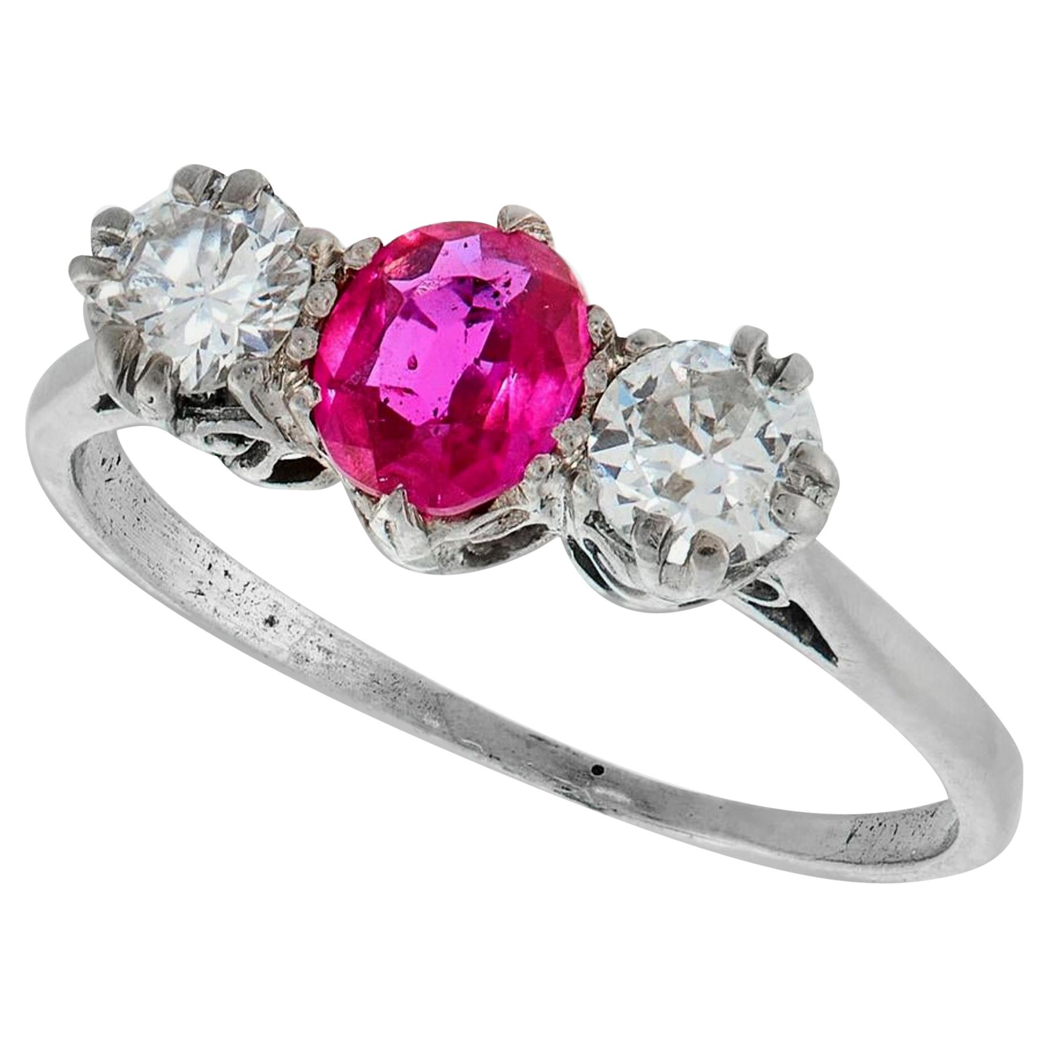 Gorgeous Edwardian Antique Platinum Ruby Diamond Three-Stone Ring