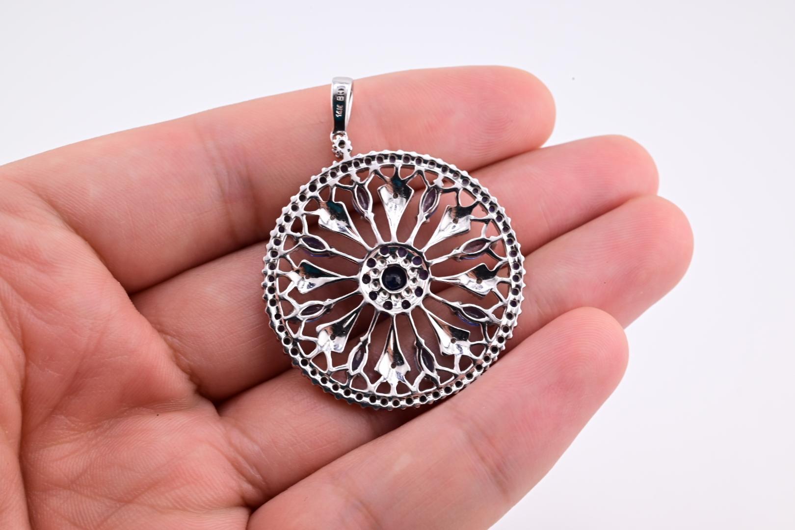 Round Cut Gorgeous EFFY BH Diamond & Sapphire Pendant 14K White Gold