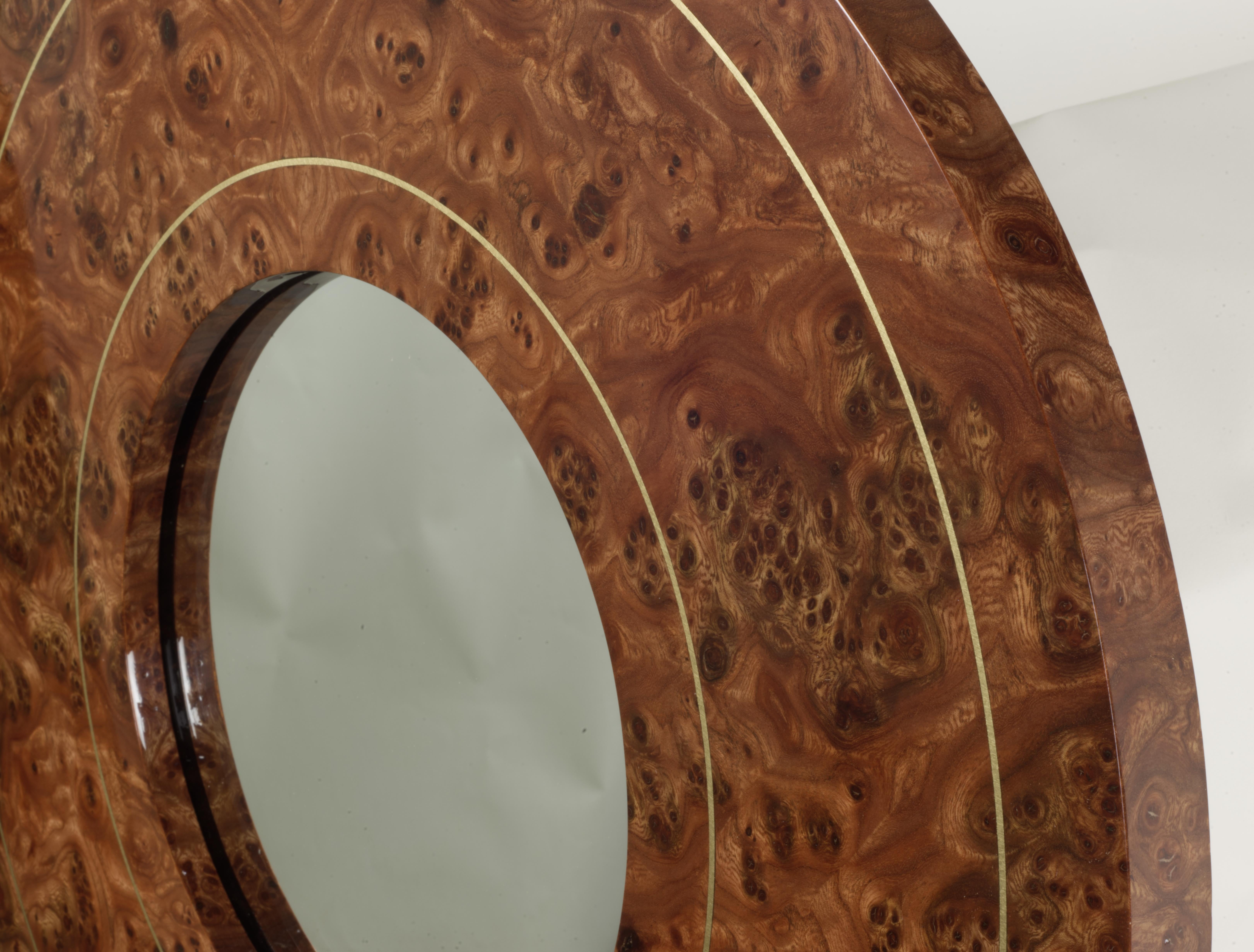 Art Deco Gorgeous Elm Burl Inlaid Round Mirror For Sale