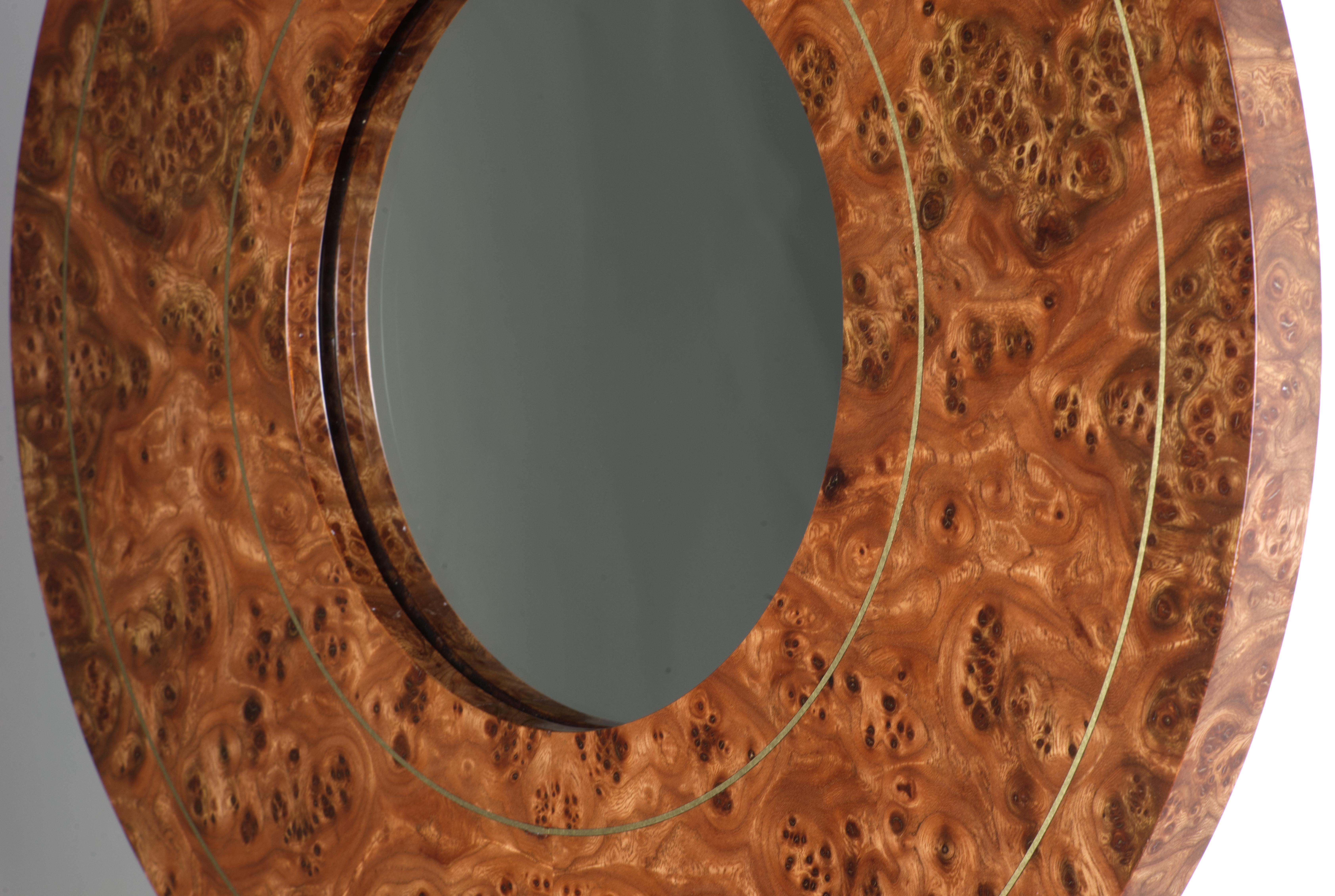 American Gorgeous Elm Burl Inlaid Round Mirror For Sale