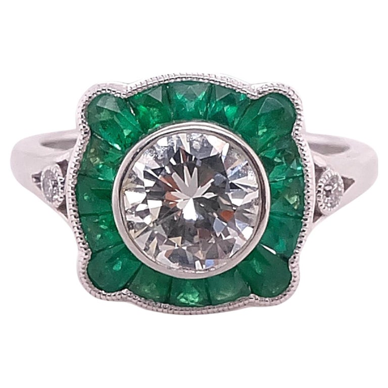 Bague En Or 18 Carats Avec émeraude Et Diamants - 1.40 Carat, 9.52 G, Taille 51, Style Marguerite