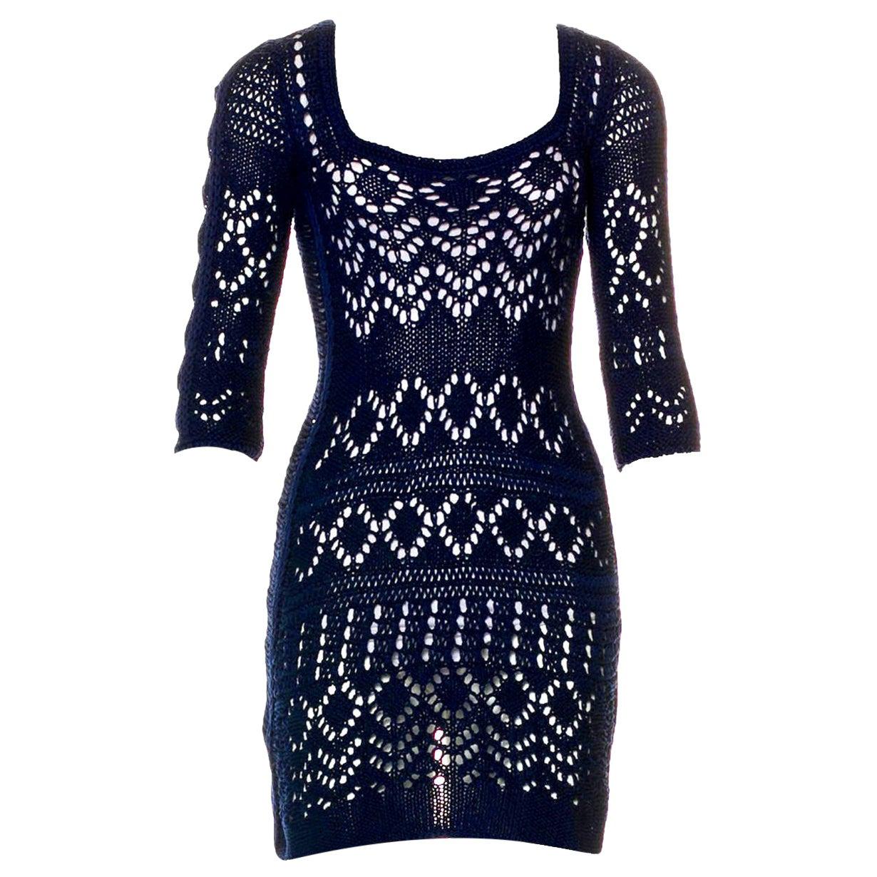 NEW Emilio Pucci Navy Blue Crochet Knit Mini Dress with Cutout Details