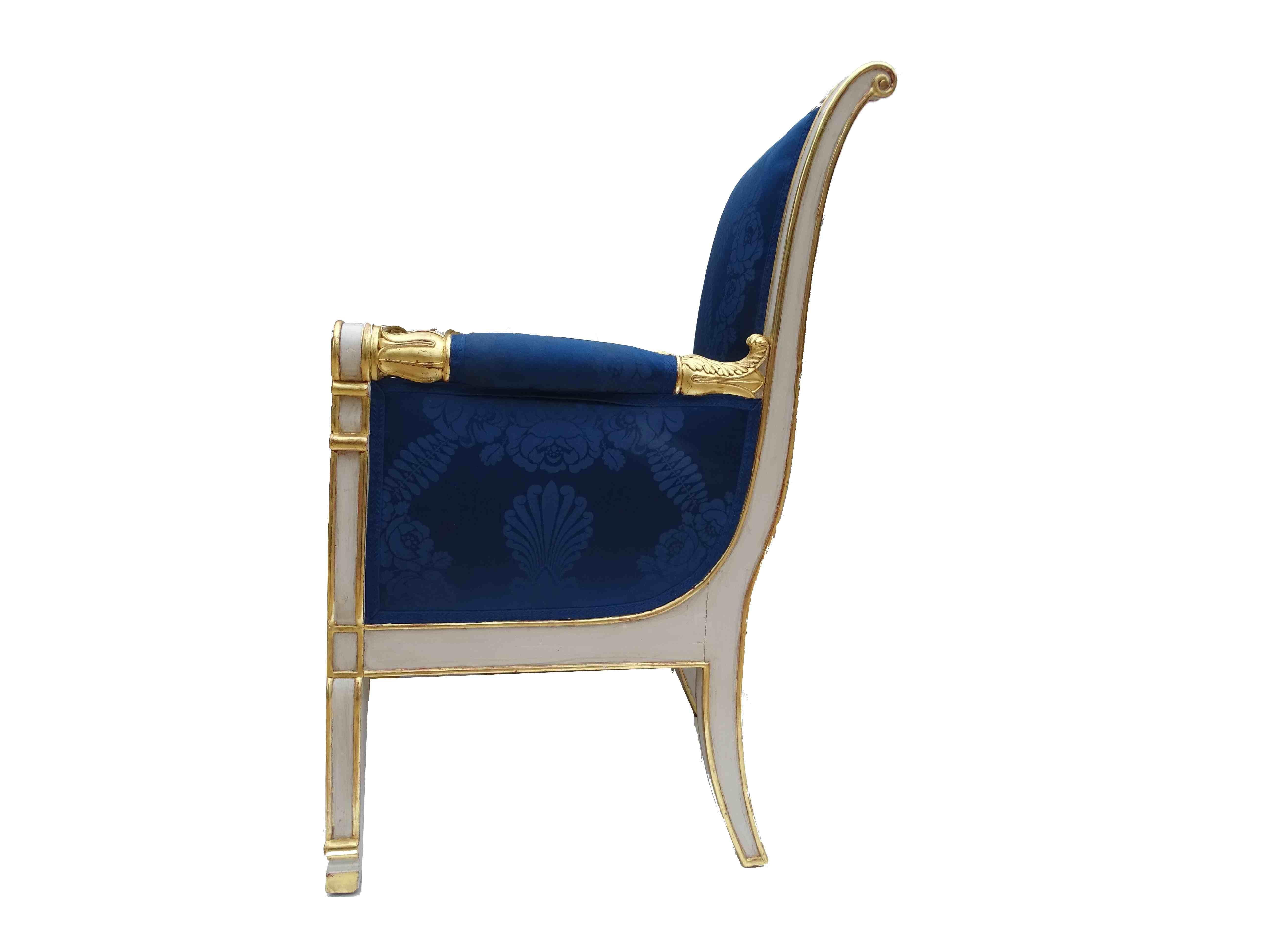 Gorgeous pair of Bergères armchairs stamped Jeanselme, Empire Restoration period early 19th circa 1825-1830 in white lacquered and giltwood.
They are upholstered in beautiful blue cotton patterned upholstery fabric.
The bergeres and the upholstery