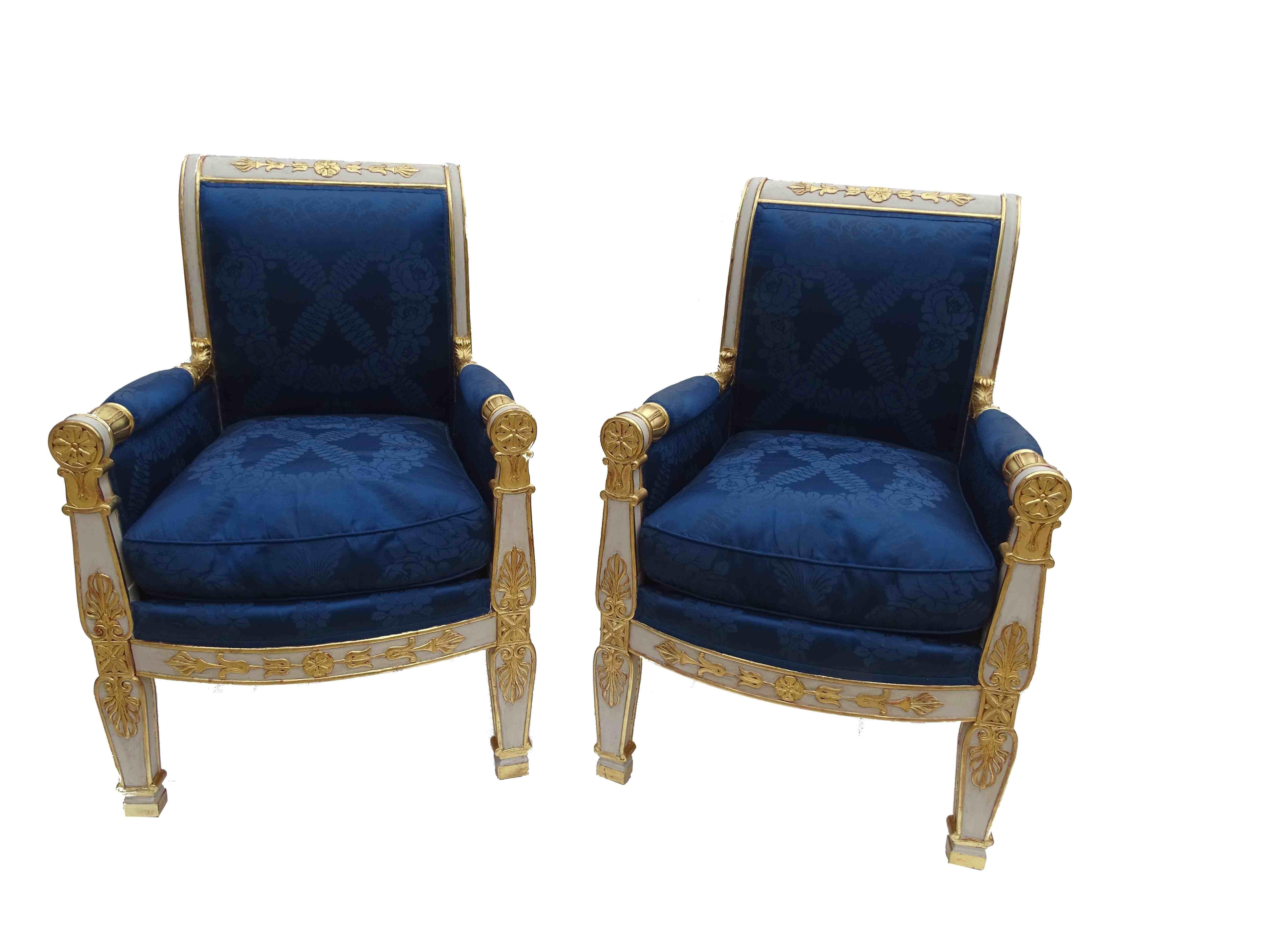 French Gorgeous Empire Pair of  Blue Bergeres Armchairs by Jeanselme, France circa 1825