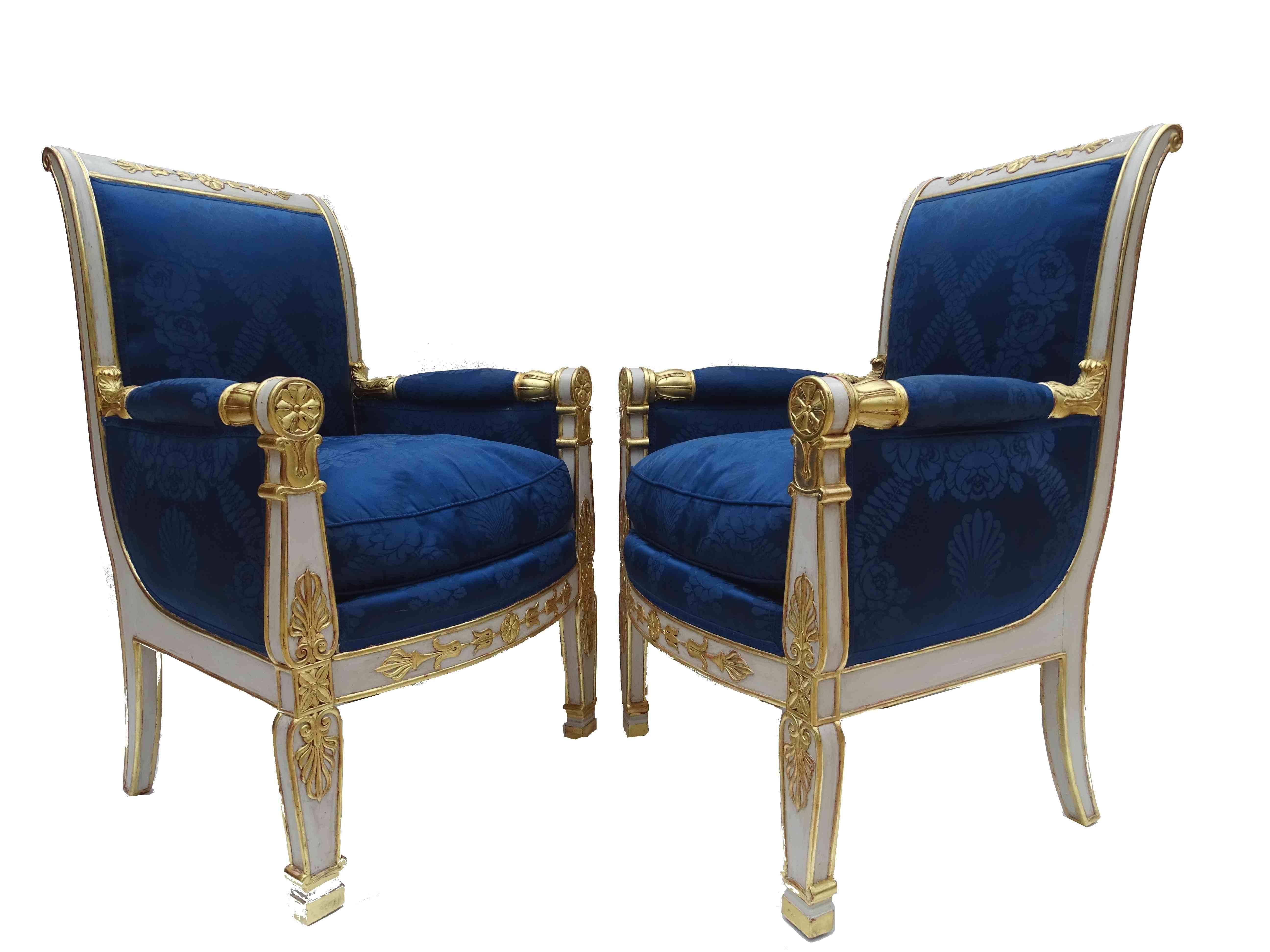 Gorgeous Empire Pair of  Blue Bergeres Armchairs by Jeanselme, France circa 1825 1