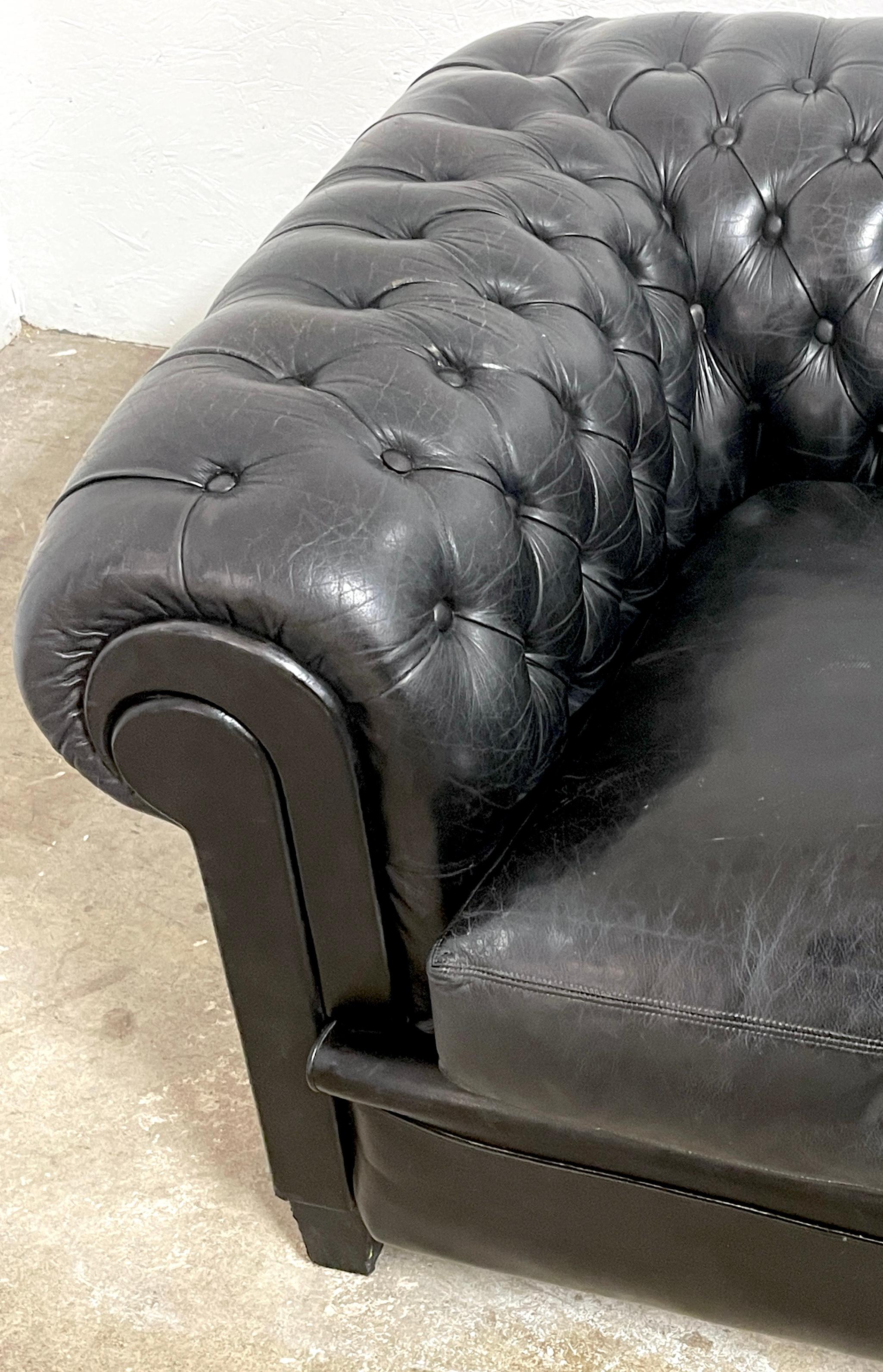 20th Century Gorgeous English Black Leather Chesterfield Sofa    