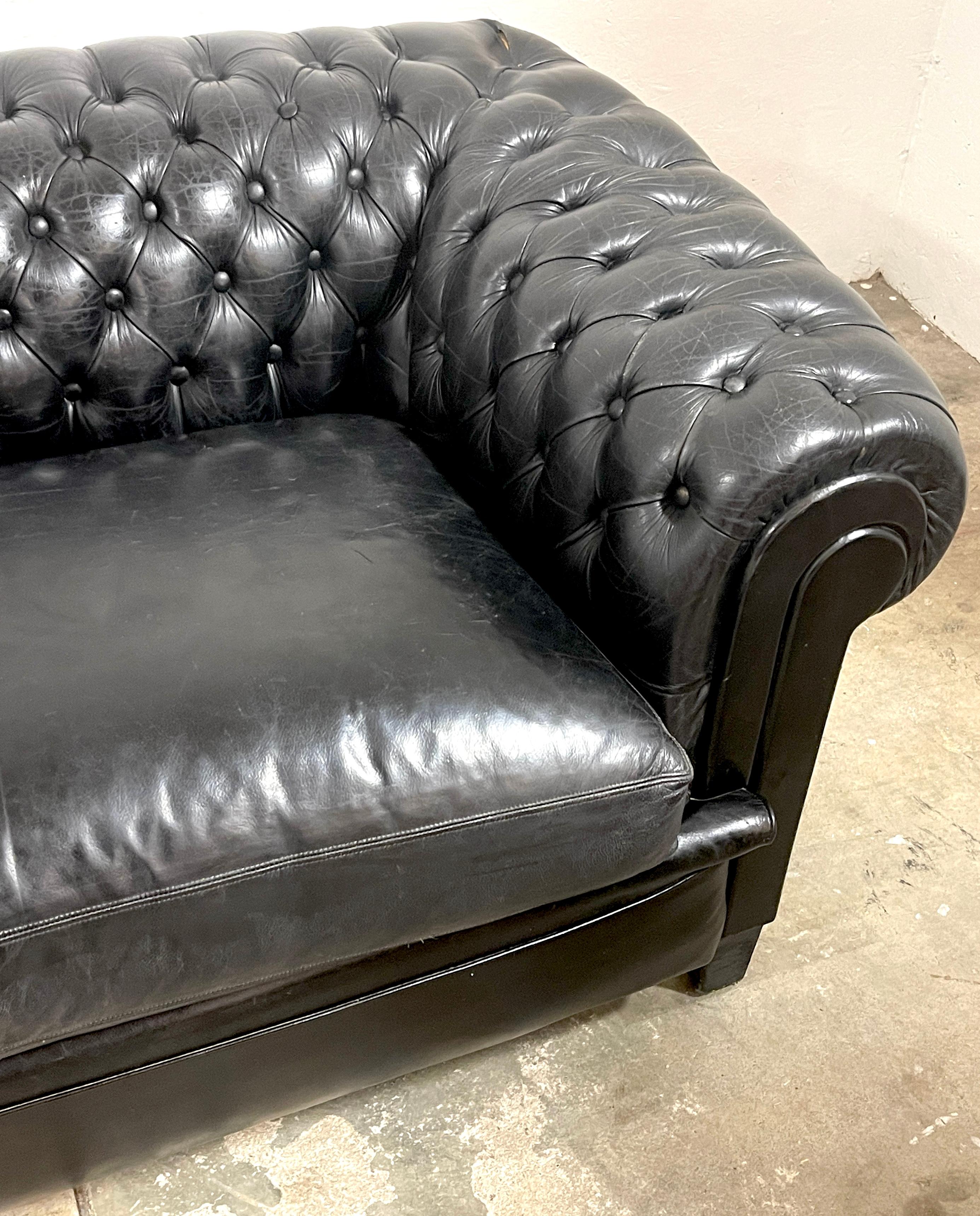 Gorgeous English Black Leather Chesterfield Sofa     1