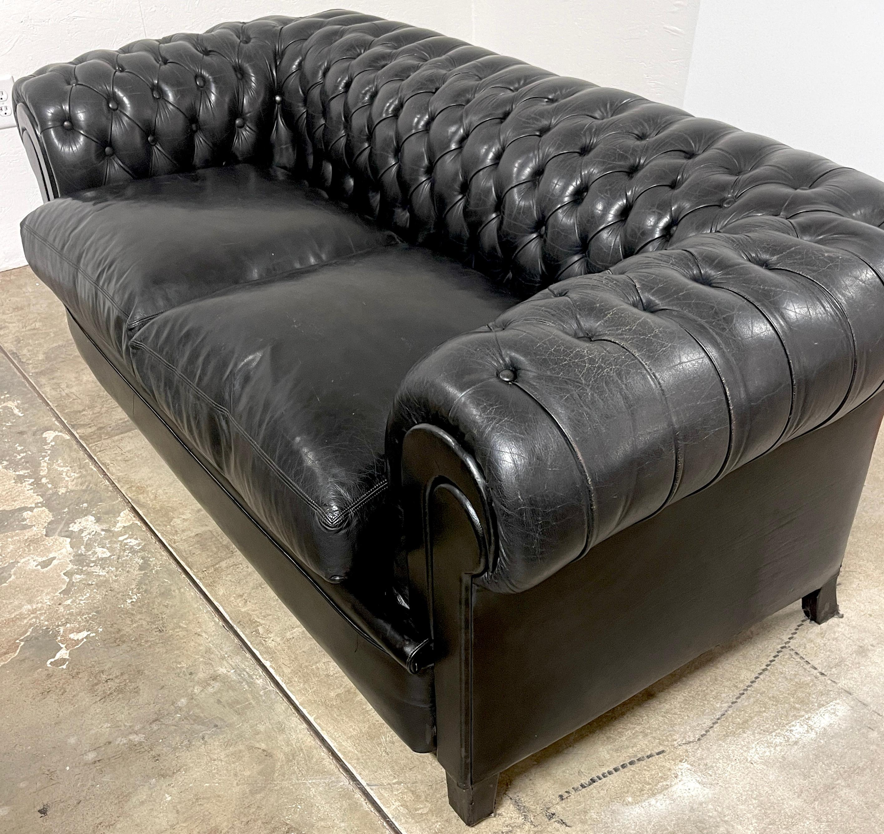 Gorgeous English Black Leather Chesterfield Sofa     5