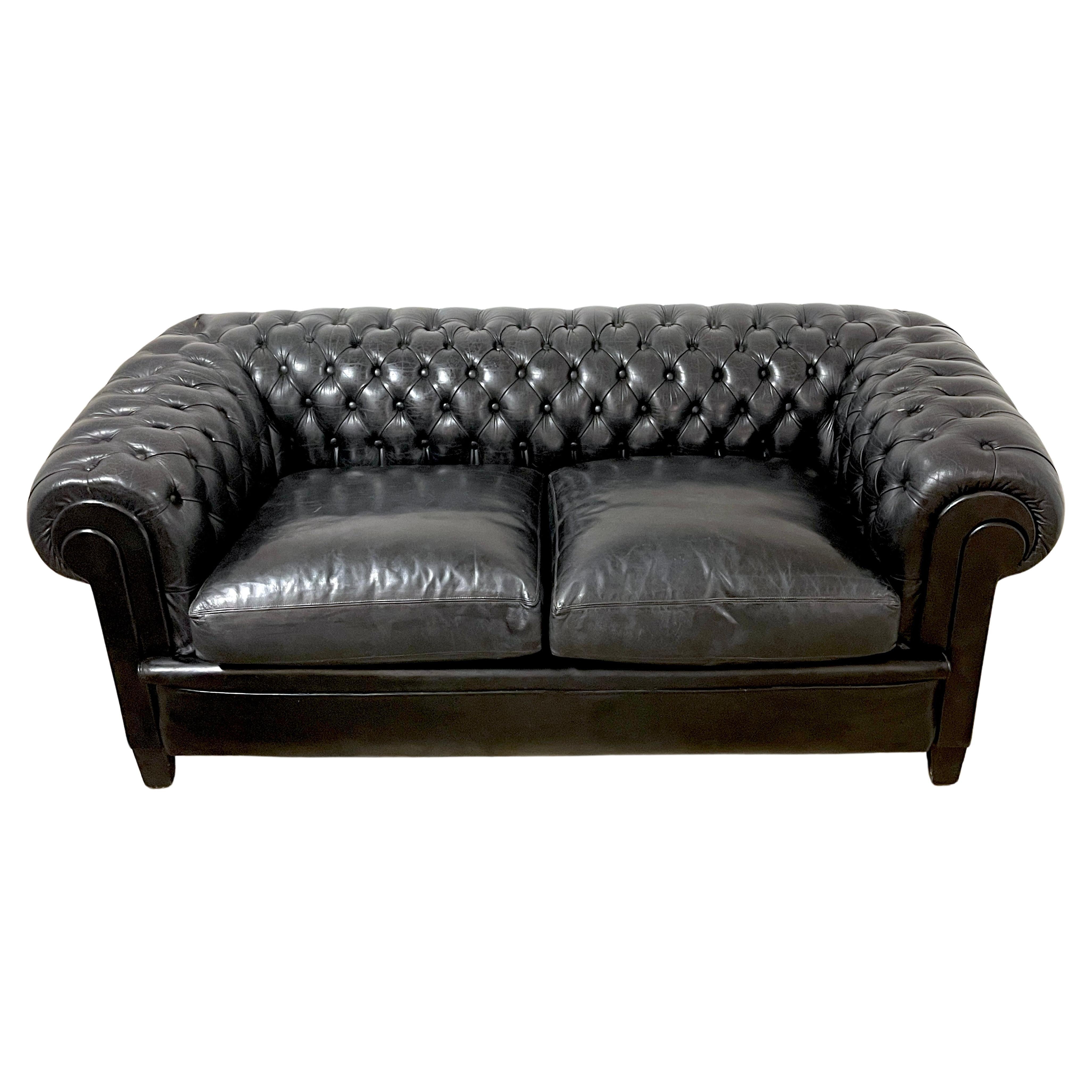 Gorgeous English Black Leather Chesterfield Sofa    