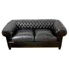 Vintage Gorgeous English Black Leather Chesterfield Sofa    