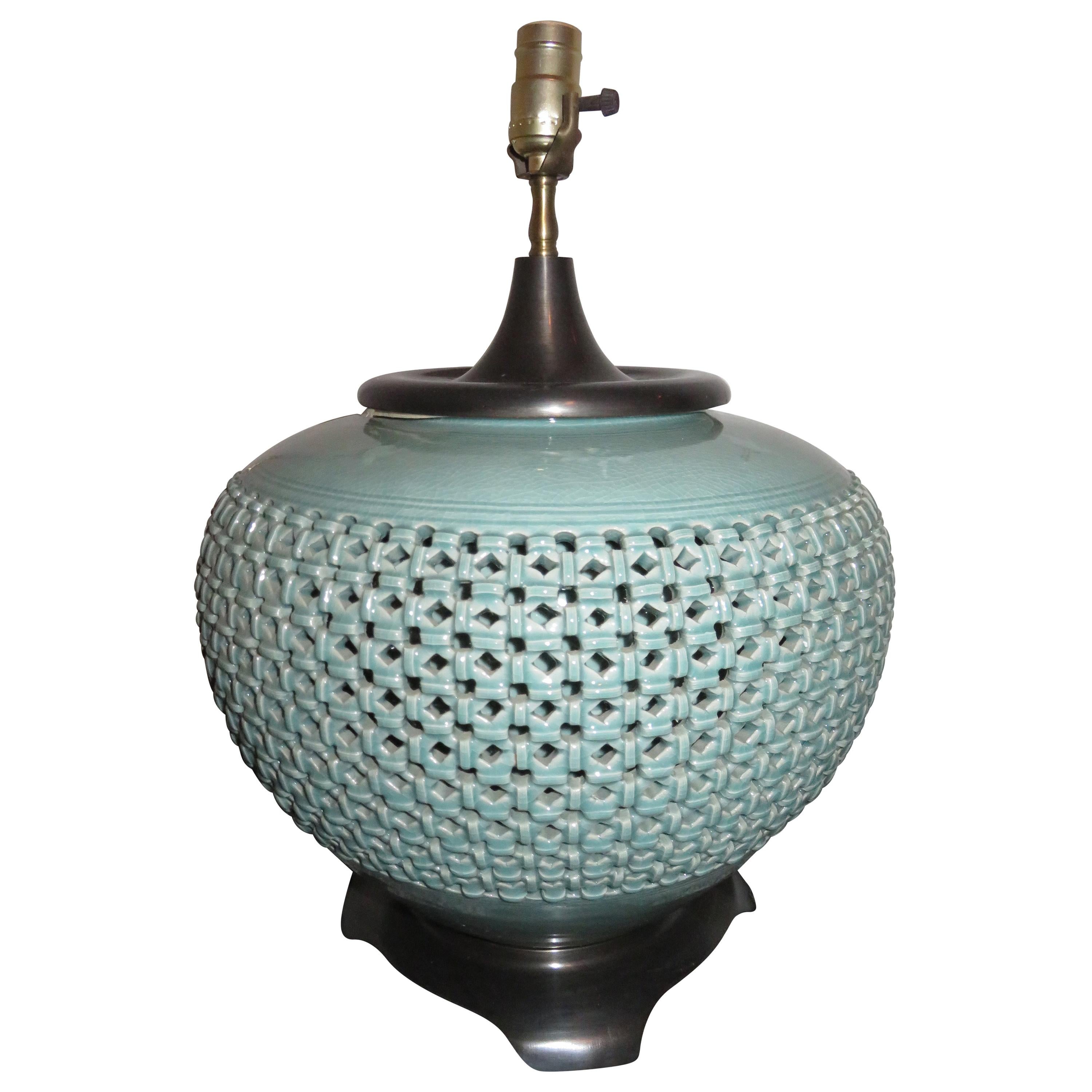 Gorgeous Extra Large Celadon Ceramic Pierced Asian Style Lamp Midcentury