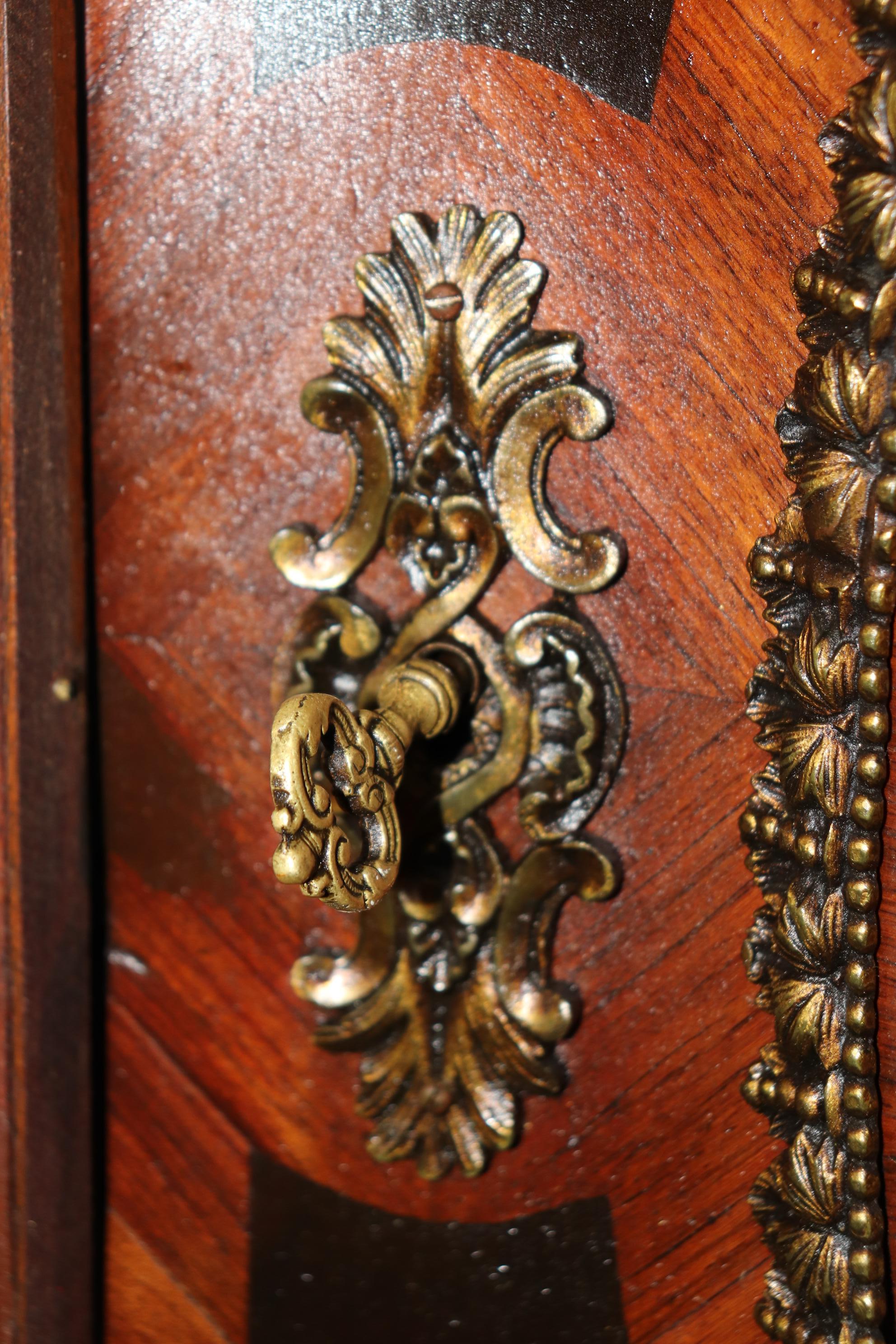 French Gorgeous Figural Bronze Mounted Marble Top Napoleonic Inlaid Cabinet Commode  For Sale
