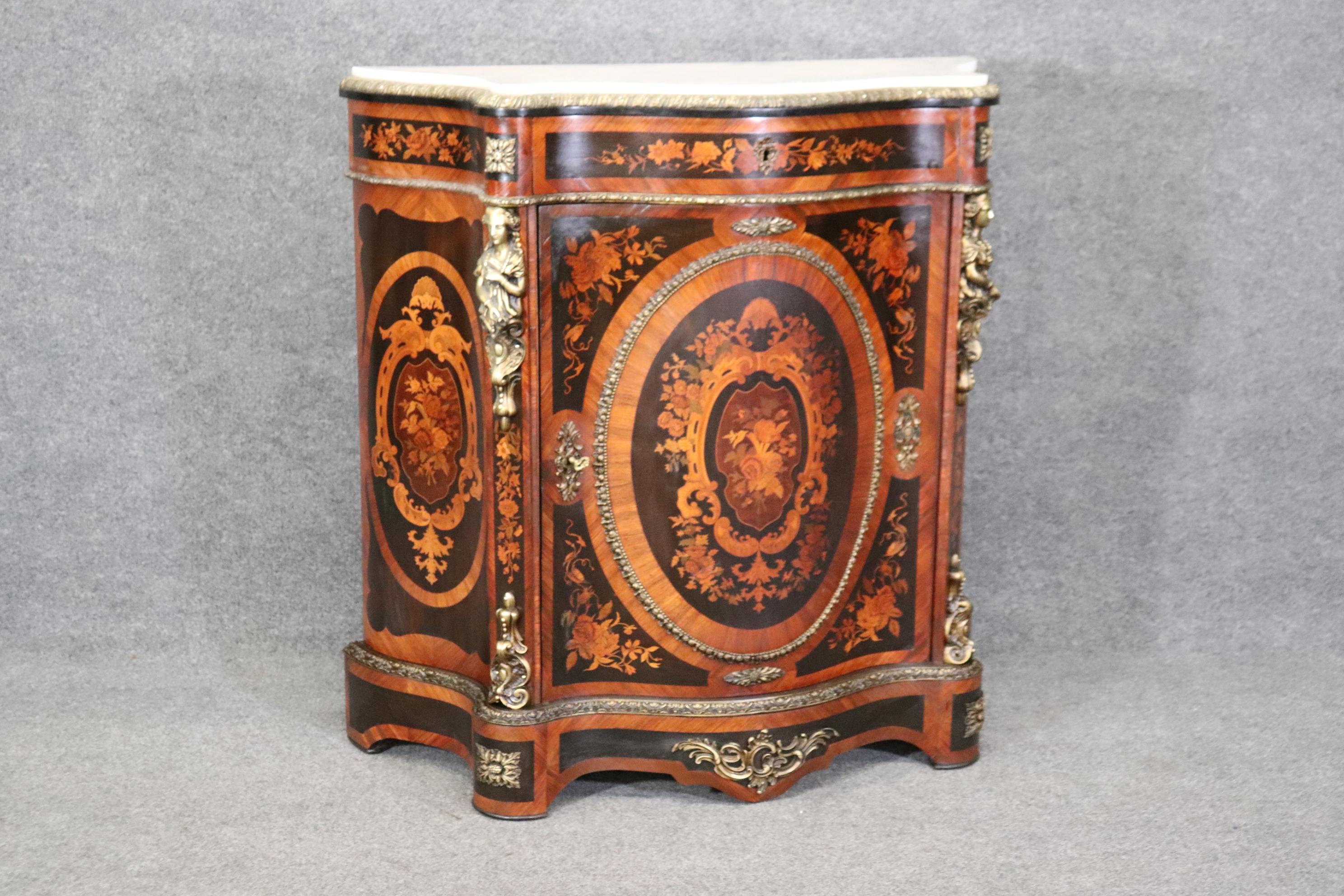 Mid-20th Century Gorgeous Figural Bronze Mounted Marble Top Napoleonic Inlaid Cabinet Commode  For Sale