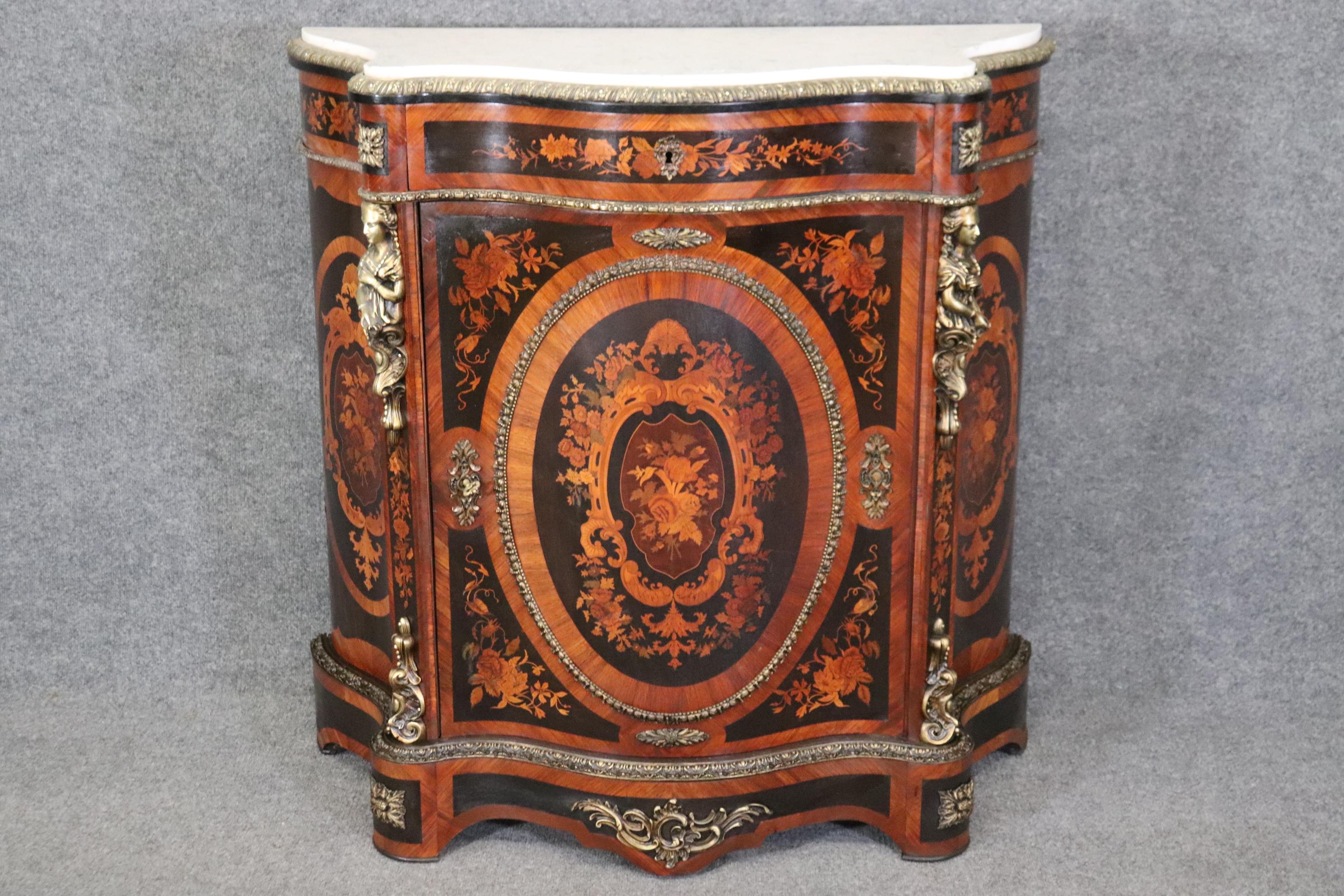 Gorgeous Figural Bronze Mounted Marble Top Napoleonic Inlaid Cabinet Commode  For Sale 1