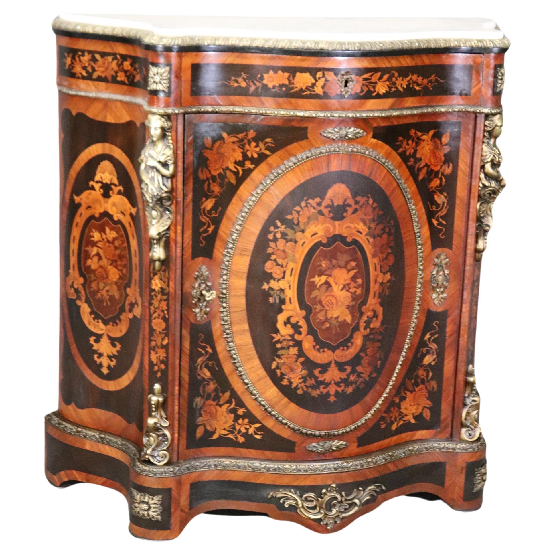Gorgeous Figural Bronze Mounted Marble Top Napoleonic Inlaid Cabinet Commode  For Sale