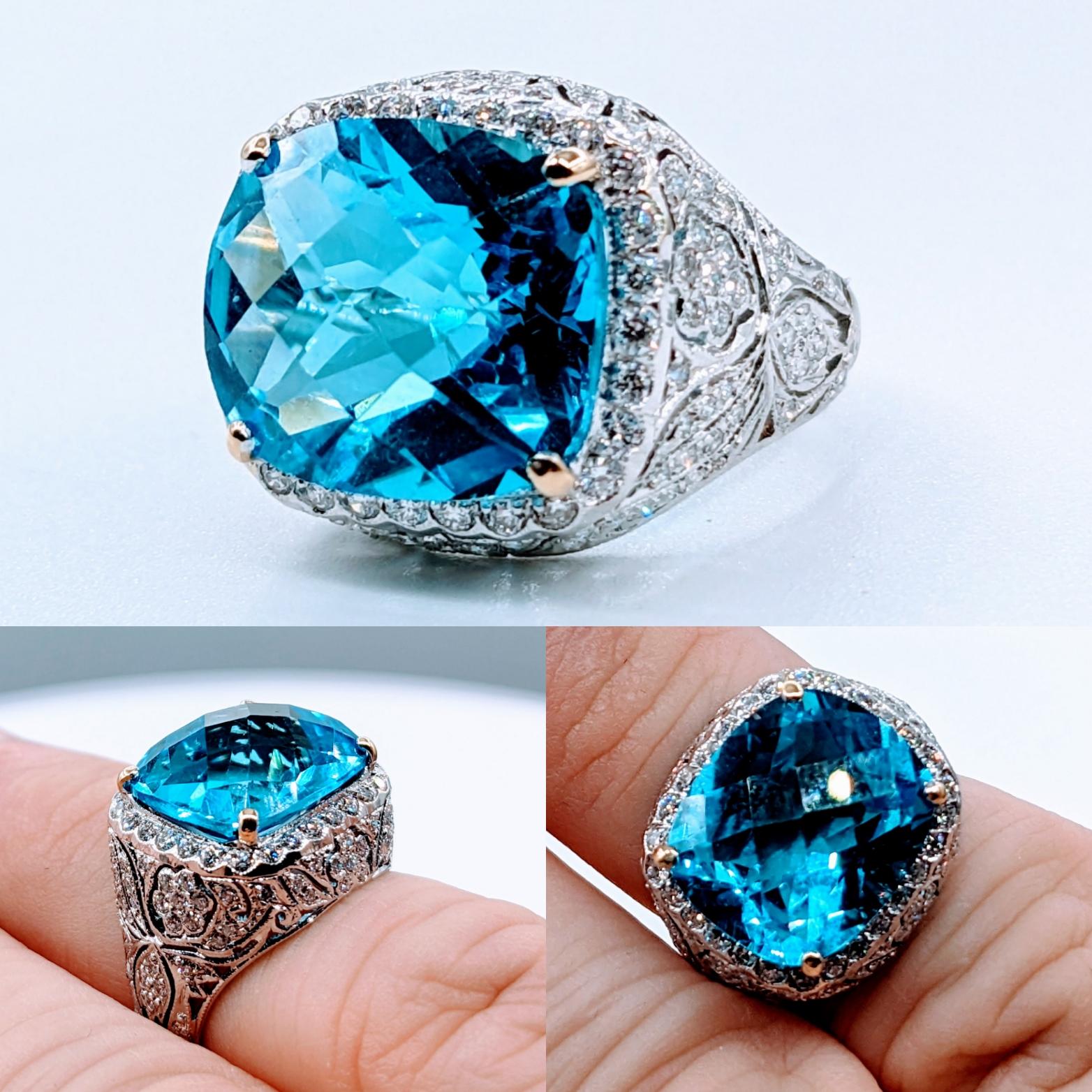 Gorgeous Filigree Diamond & Blue Topaz Ring

Add a touch of glamour to your ensemble with this stunning ring crafted in 14kt white gold. The ring features a gorgeous 0.42ctw round diamonds that sparkle brilliantly with an SI1-2 clarity and G color.