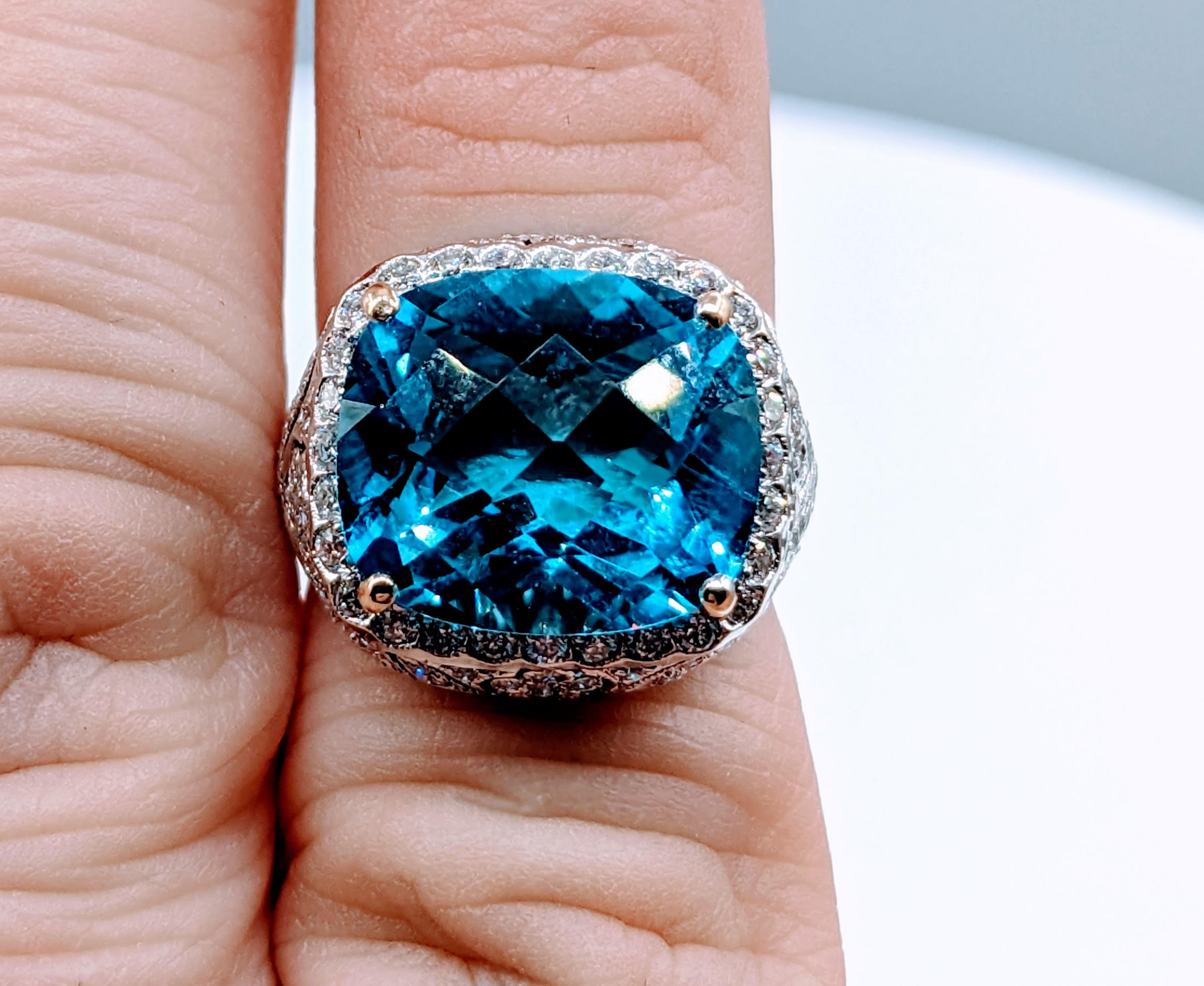 Cushion Cut Gorgeous Filigree Diamond & Blue Topaz Ring For Sale