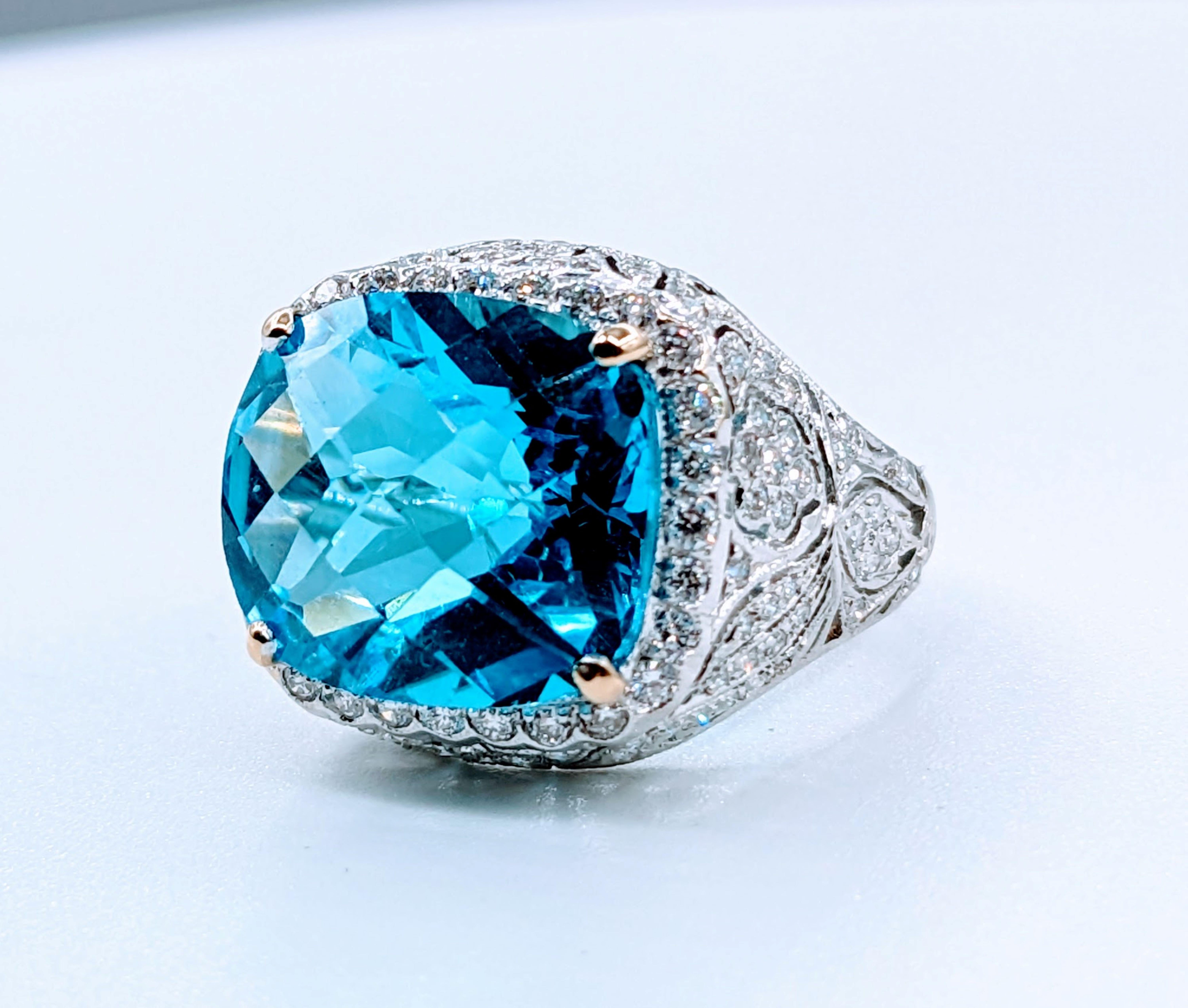 Gorgeous Filigree Diamond & Blue Topaz Ring In Excellent Condition For Sale In Bloomington, MN