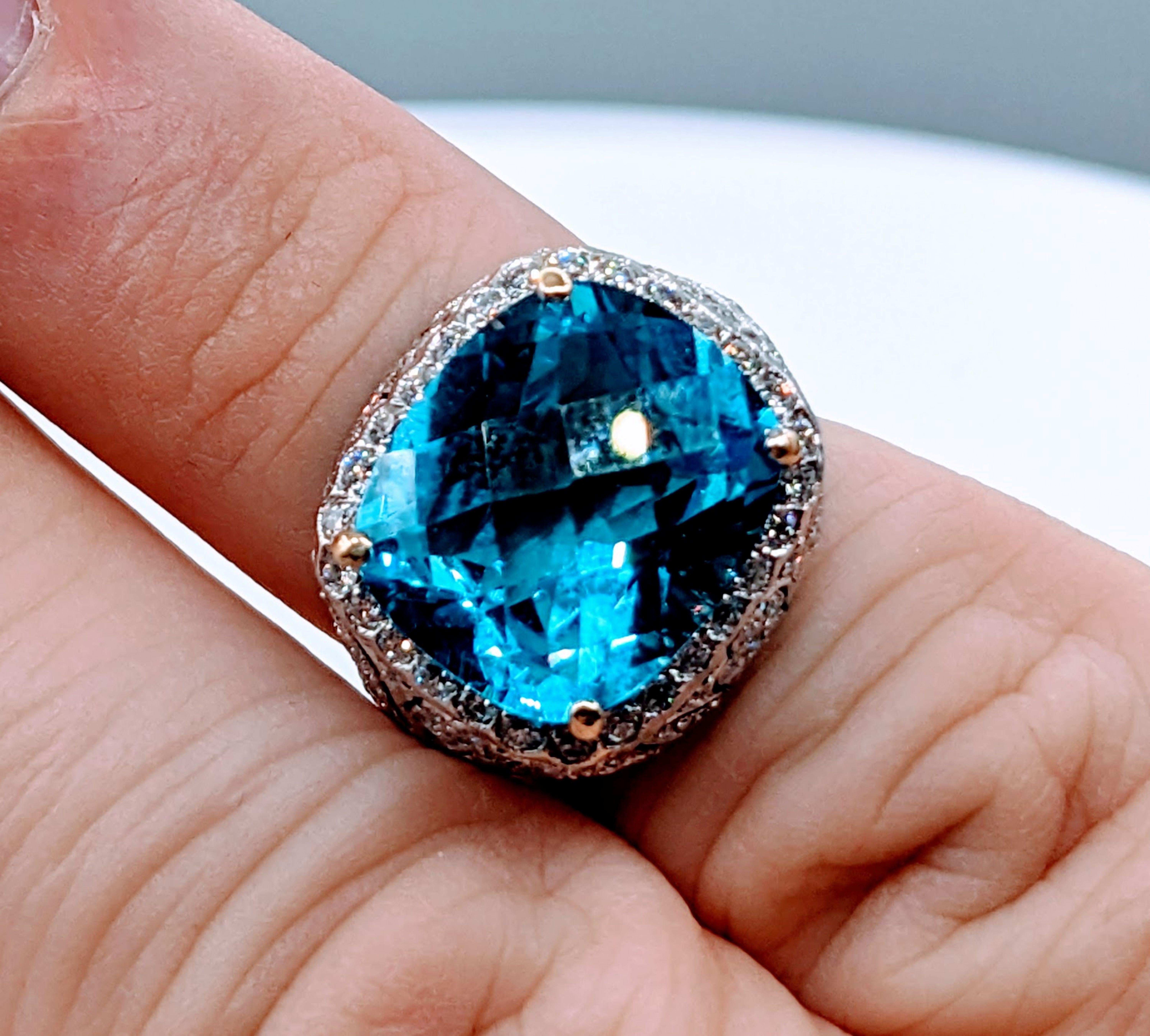 Women's Gorgeous Filigree Diamond & Blue Topaz Ring For Sale