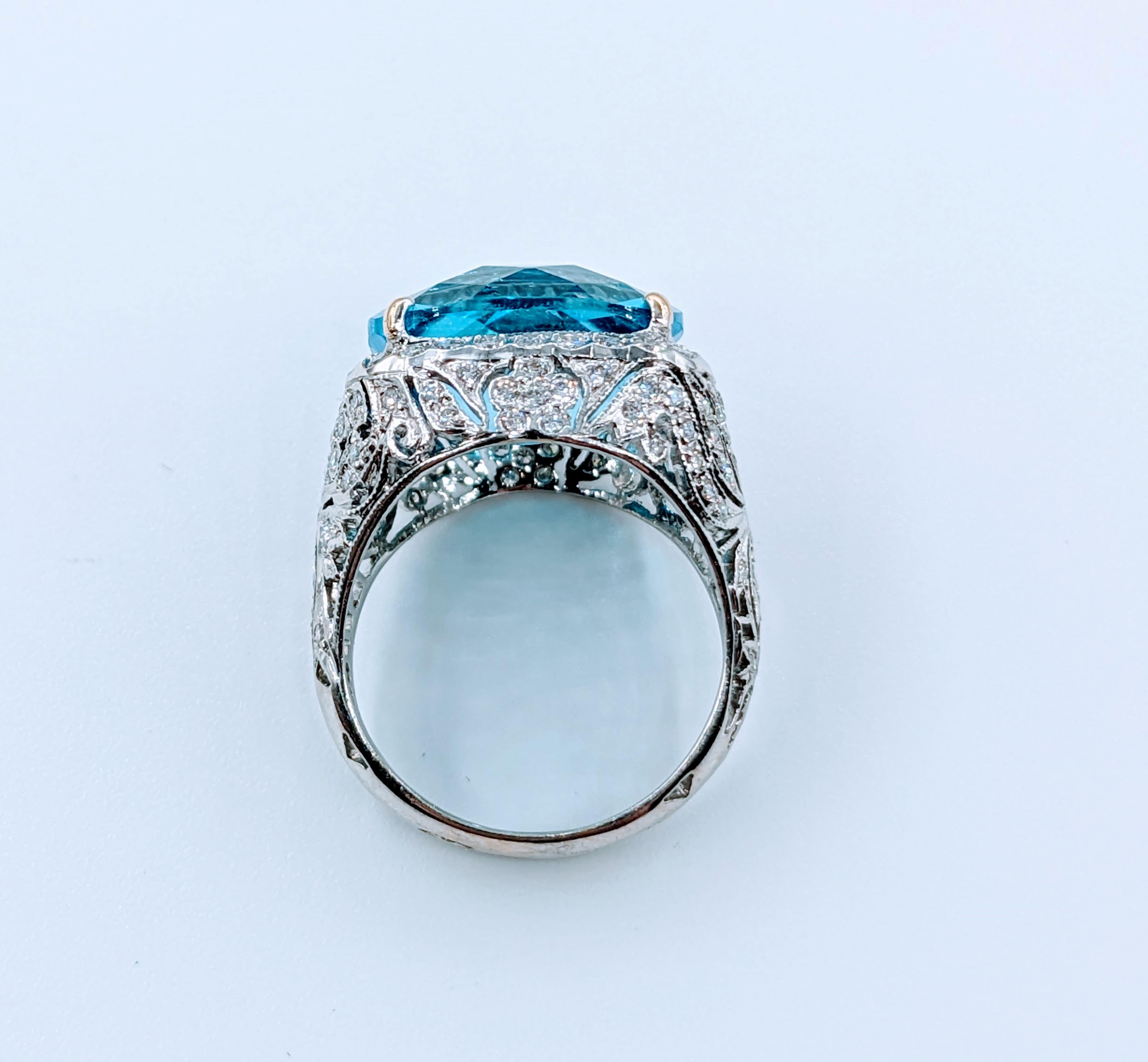 Gorgeous Filigree Diamond & Blue Topaz Ring For Sale 1