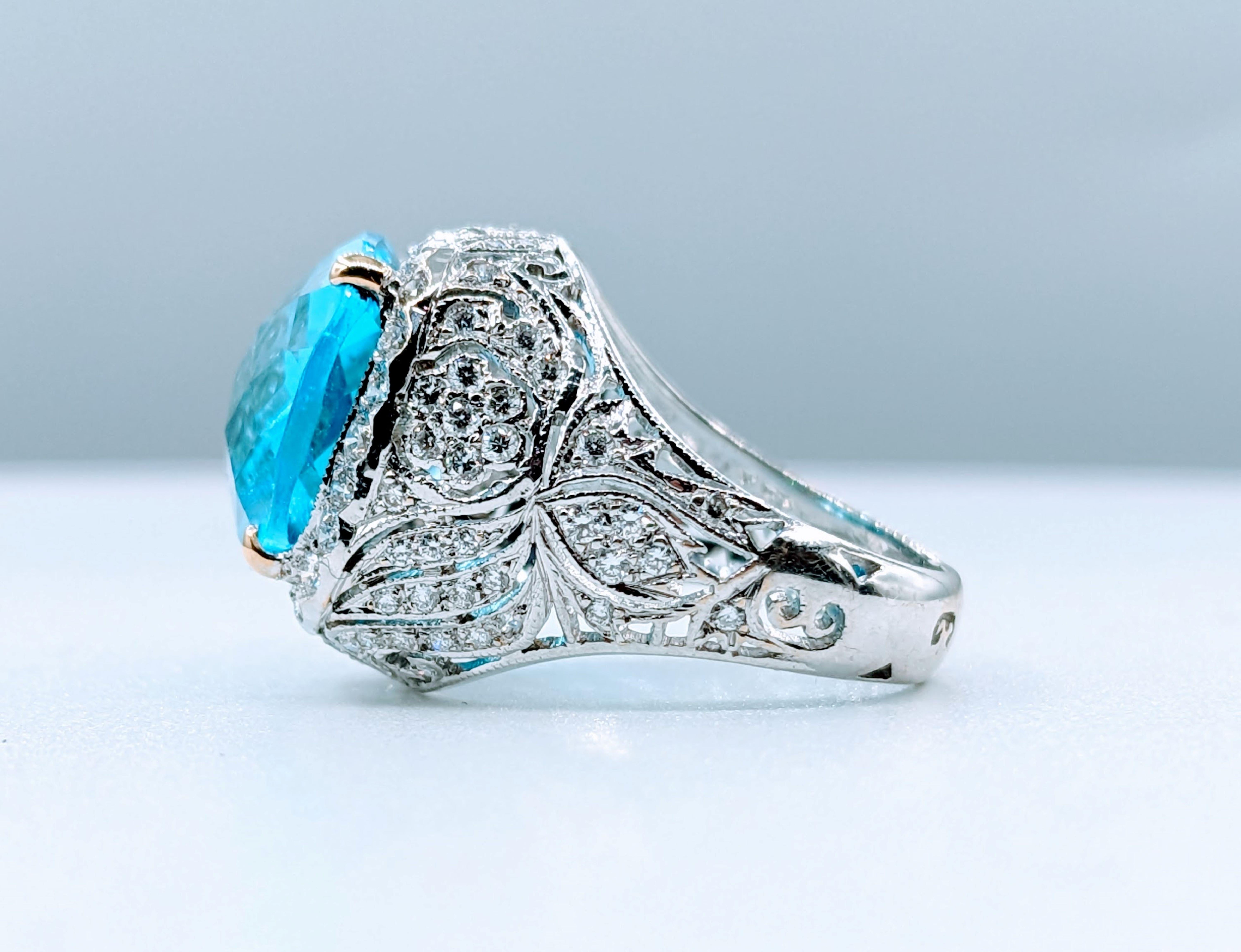 Gorgeous Filigree Diamond & Blue Topaz Ring For Sale 3