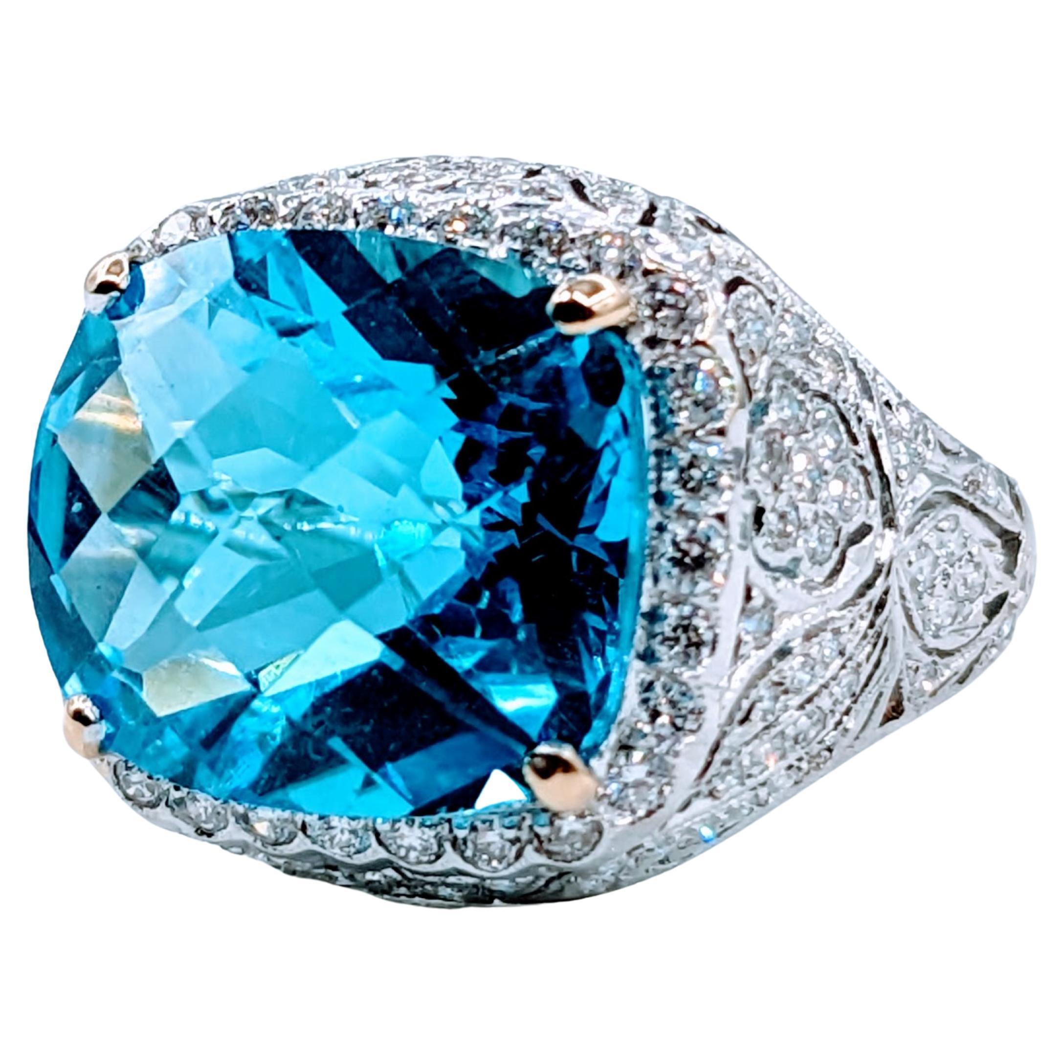 Gorgeous Filigree Diamond & Blue Topaz Ring For Sale