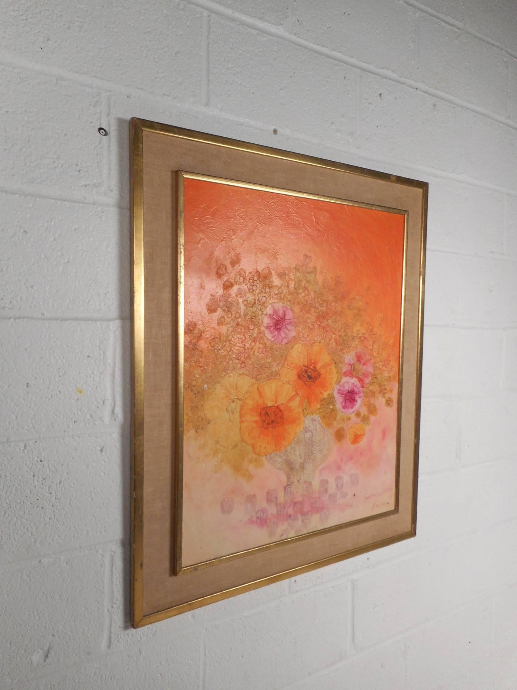 This stunning abstract oil painting is an elaborate portrayal of a colorful floral arrangement. The exquisite detail and incredibly bright colors are sure to make an impression in any home, business, or office. Please confirm item location (NY or