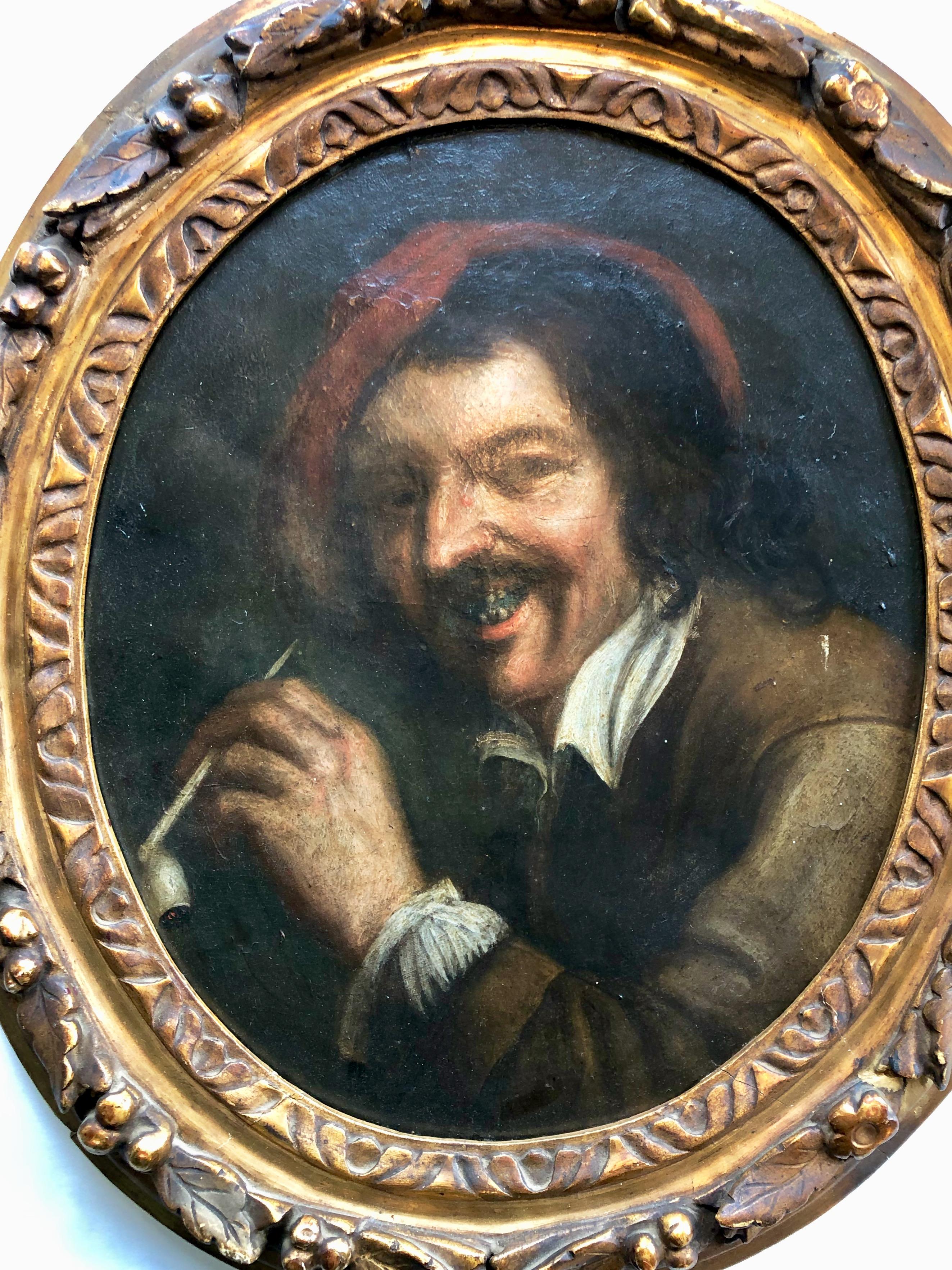 Dutch Gorgeous Framed 1700s Flemish Painting Oil on Canvas Representing a Pipe Smoker For Sale