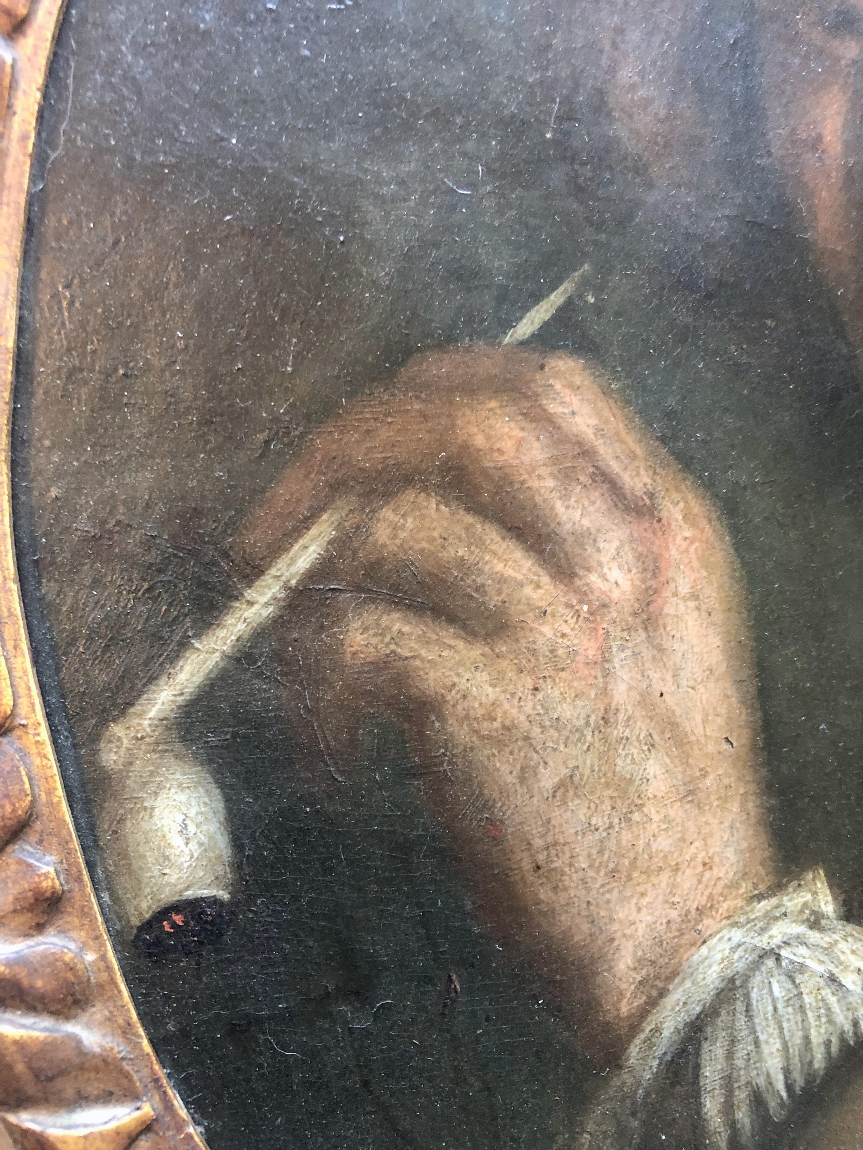 Hand-Painted Gorgeous Framed 1700s Flemish Painting Oil on Canvas Representing a Pipe Smoker For Sale