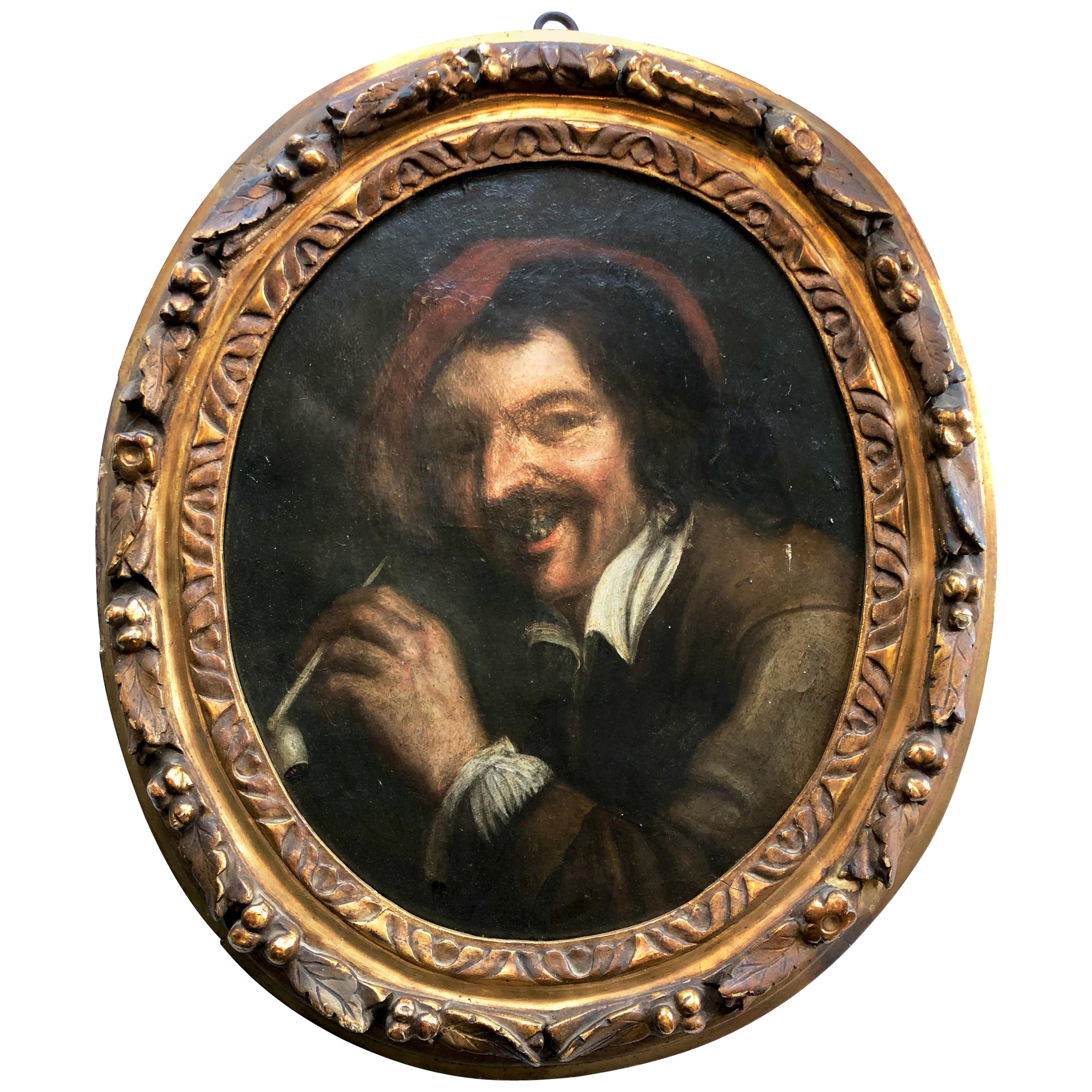 Gorgeous Framed 1700s Flemish Painting Oil on Canvas Representing a Pipe Smoker For Sale