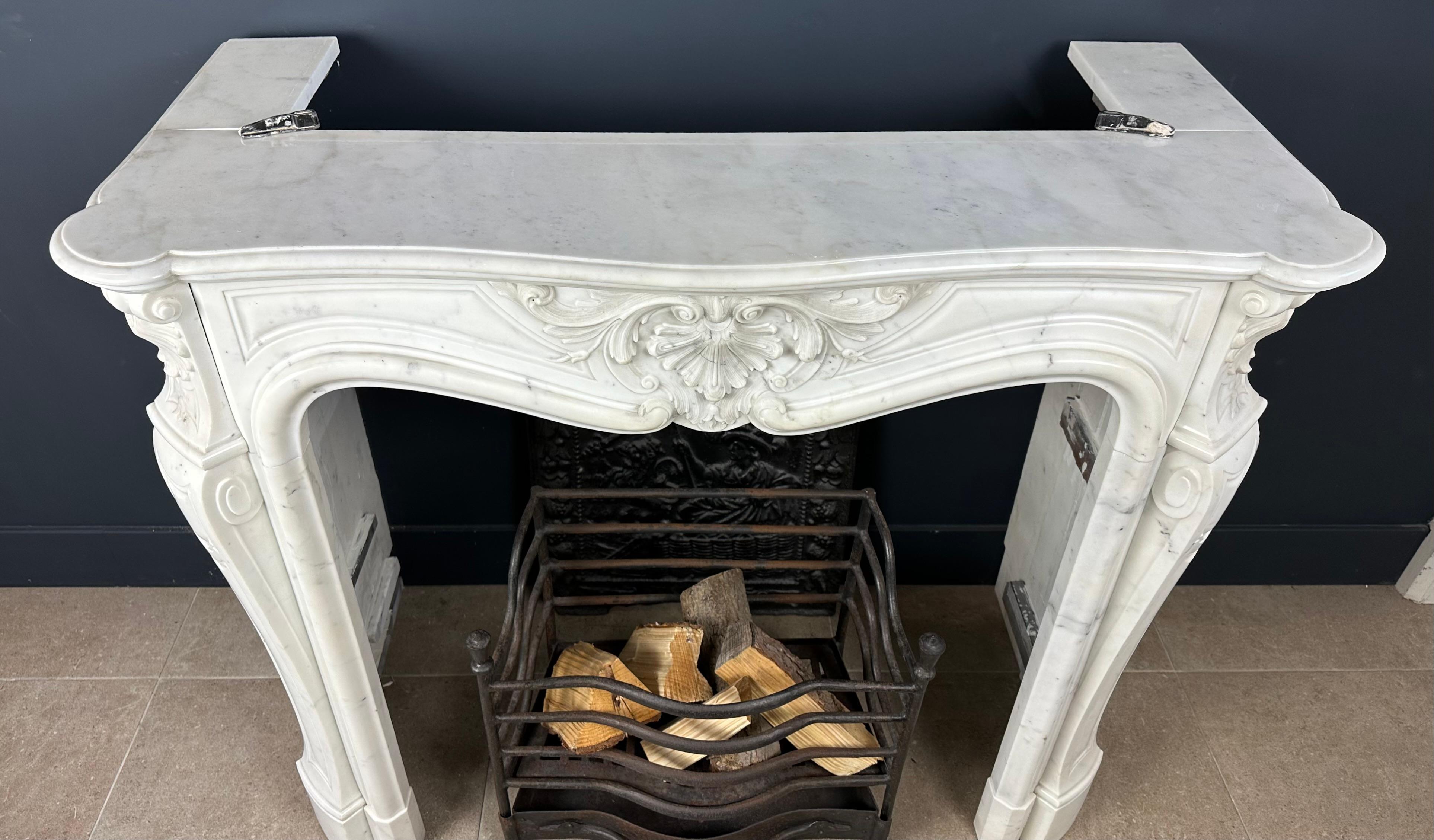 Gorgeous French Antique Front Shell Fireplace White Carrara Marble For Sale 8