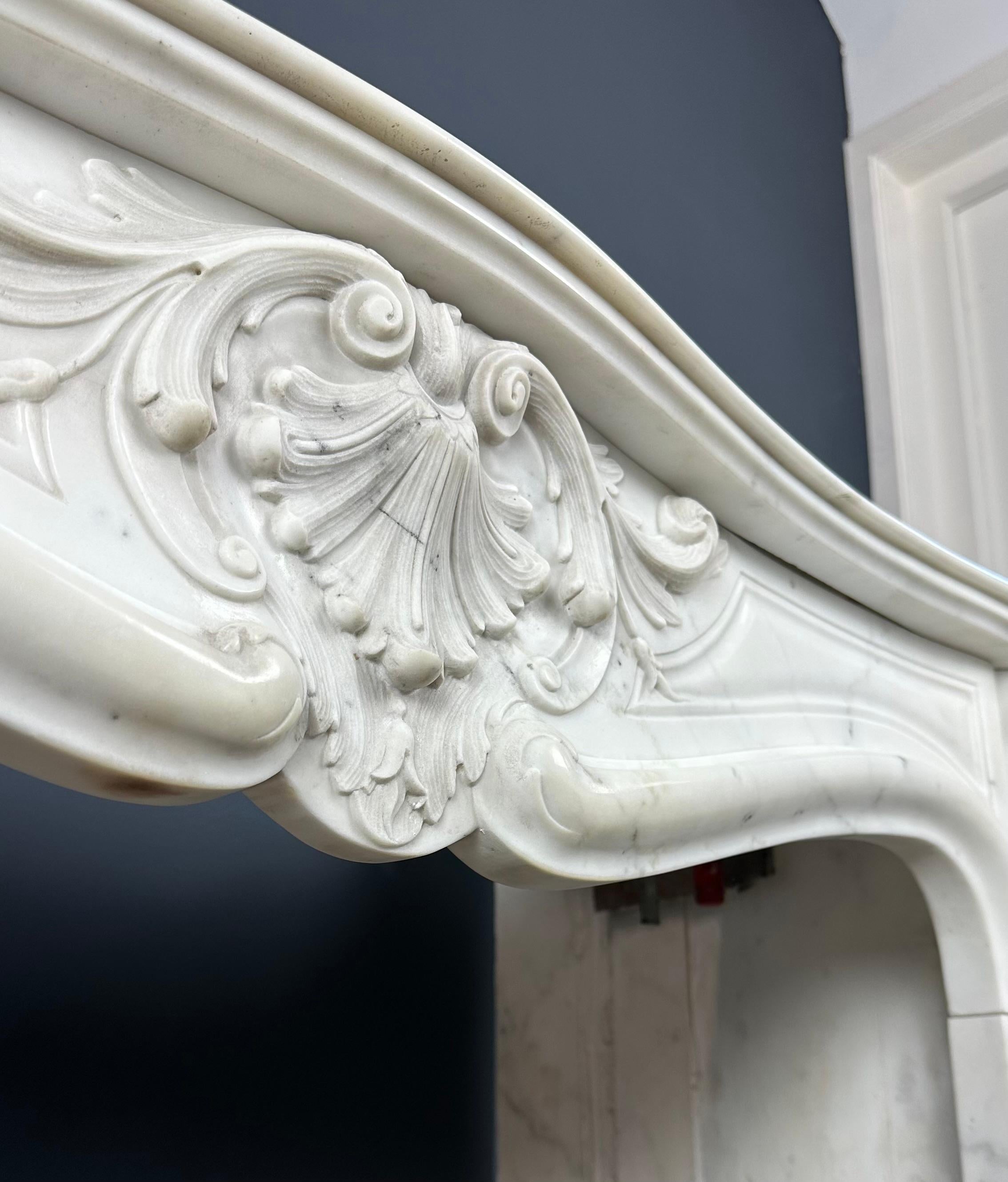 Gorgeous French Antique Front Shell Fireplace White Carrara Marble For Sale 9
