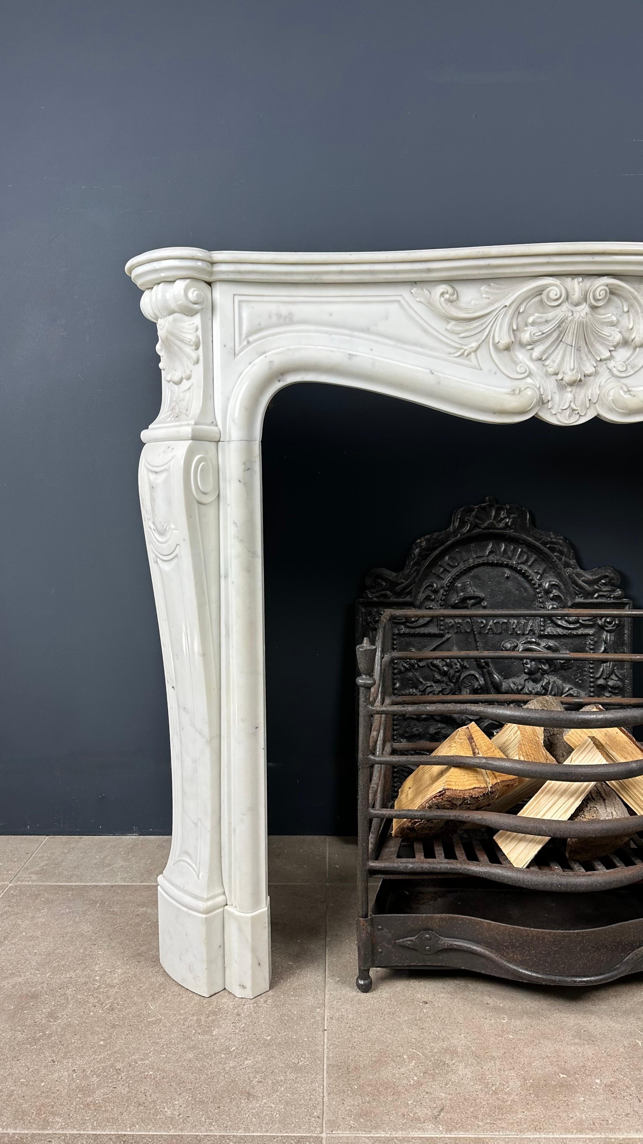 Hand-Carved Gorgeous French Antique Front Shell Fireplace White Carrara Marble For Sale