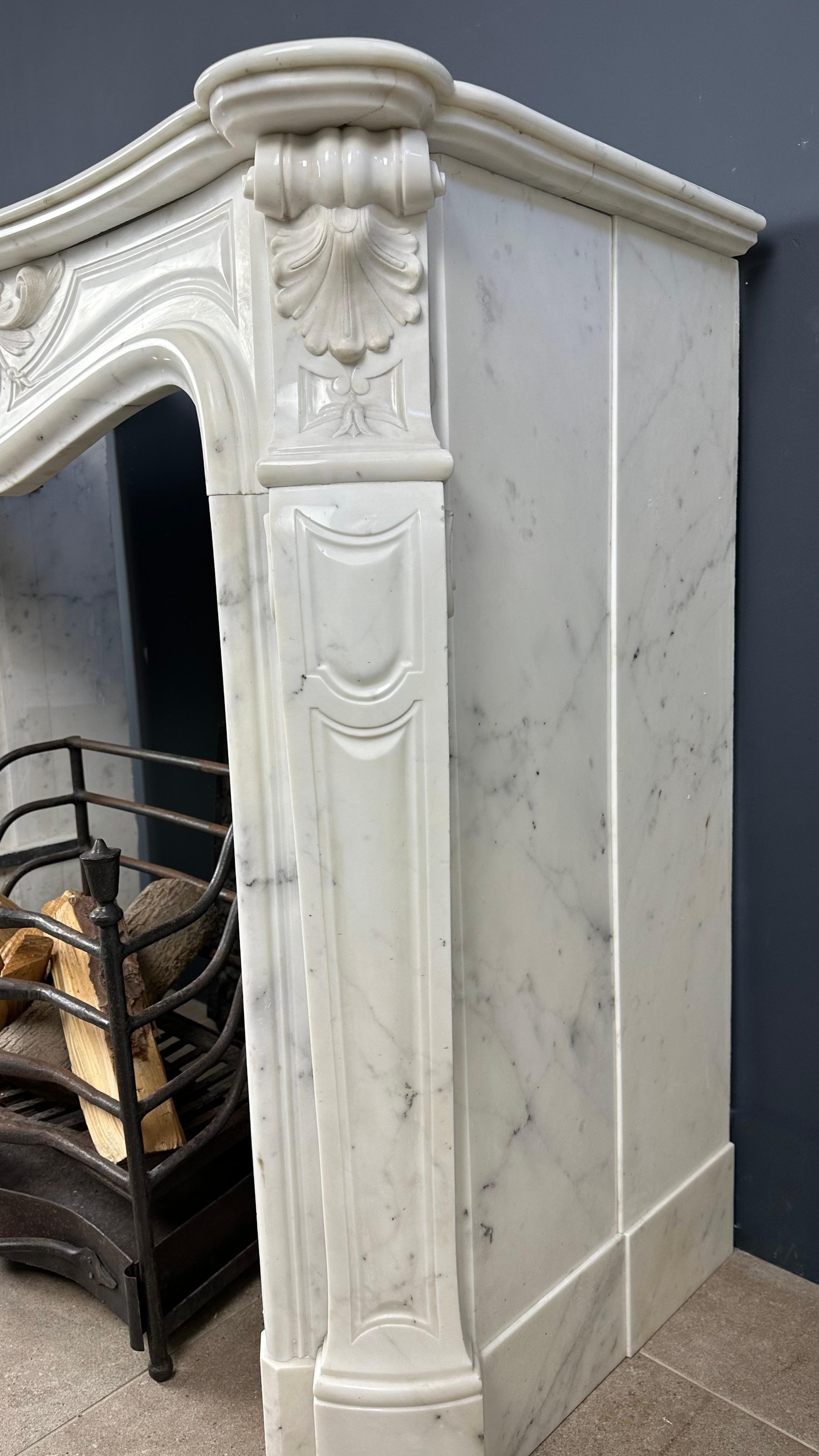 19th Century Gorgeous French Antique Front Shell Fireplace White Carrara Marble For Sale