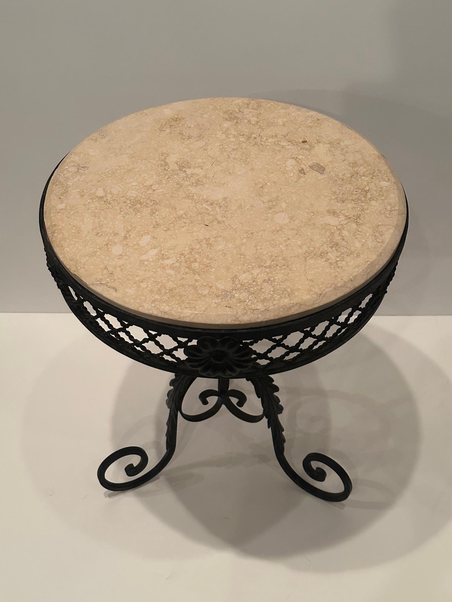 Gorgeous French Antique Ornate Hand Wrought Iron Side Table with Marble Top In Good Condition In Hopewell, NJ
