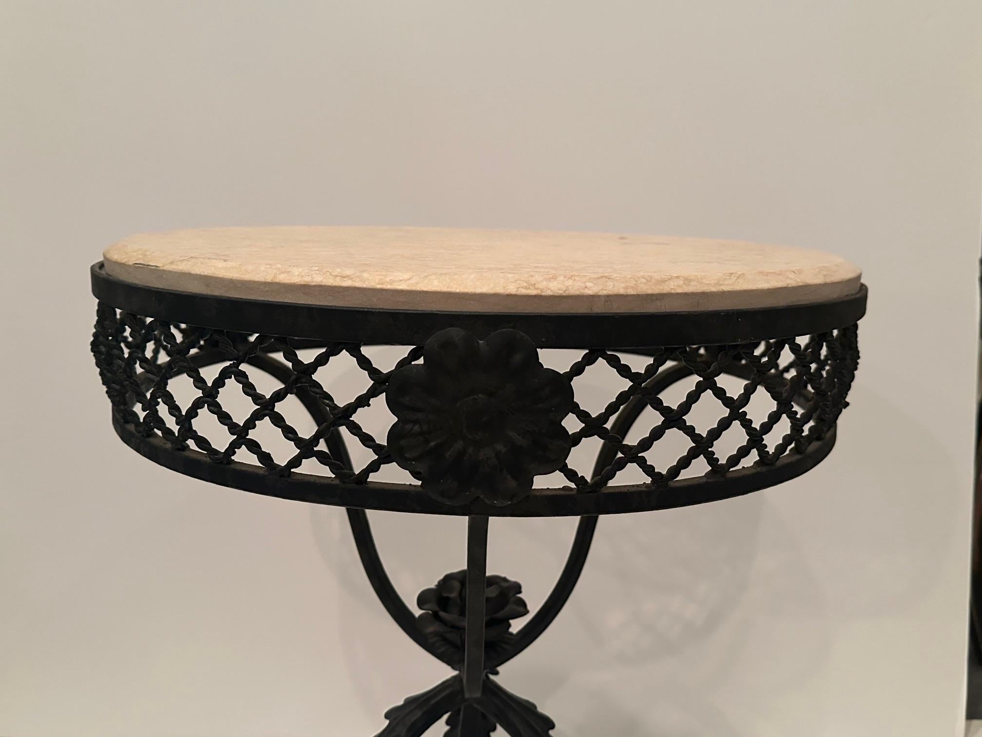 Gorgeous French Antique Ornate Hand Wrought Iron Side Table with Marble Top 1