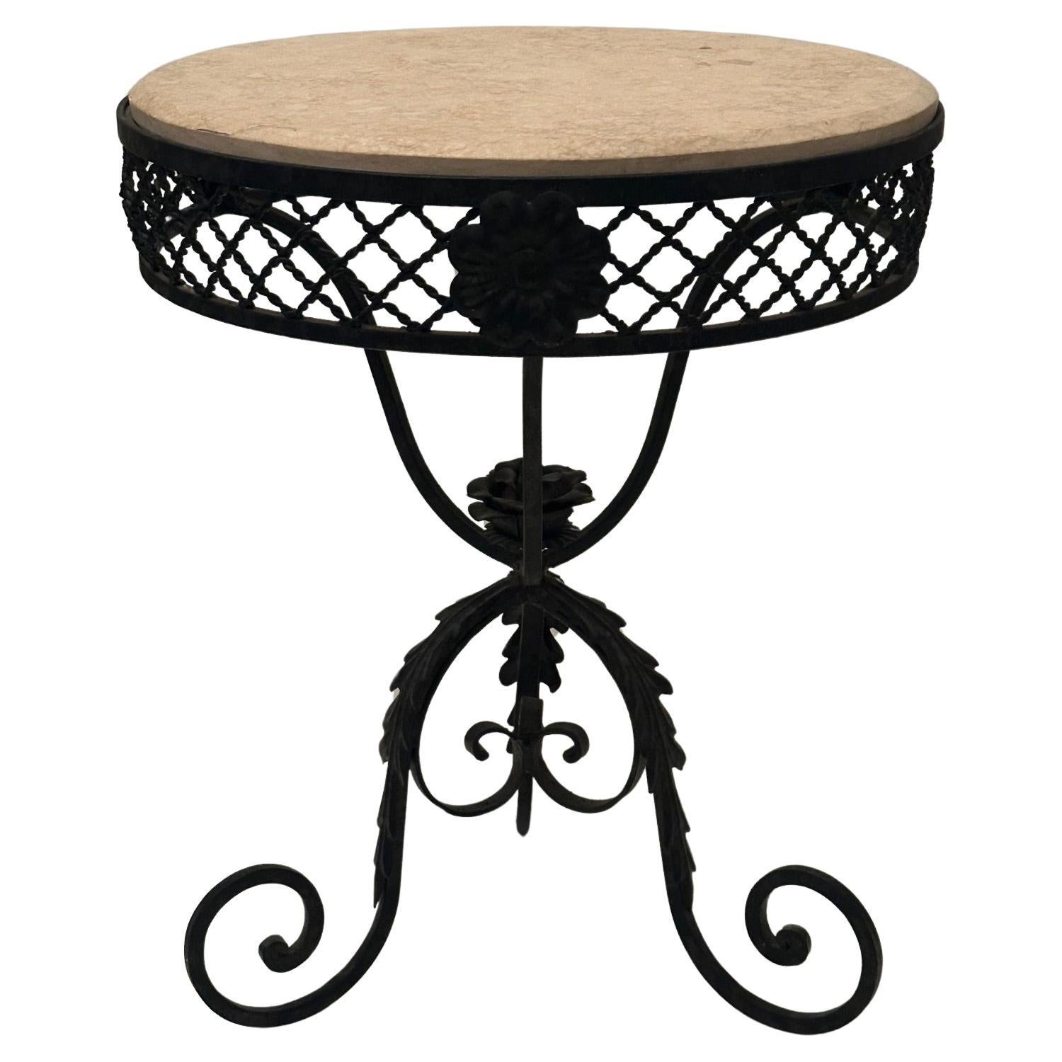 Gorgeous French Antique Ornate Hand Wrought Iron Side Table with Marble Top