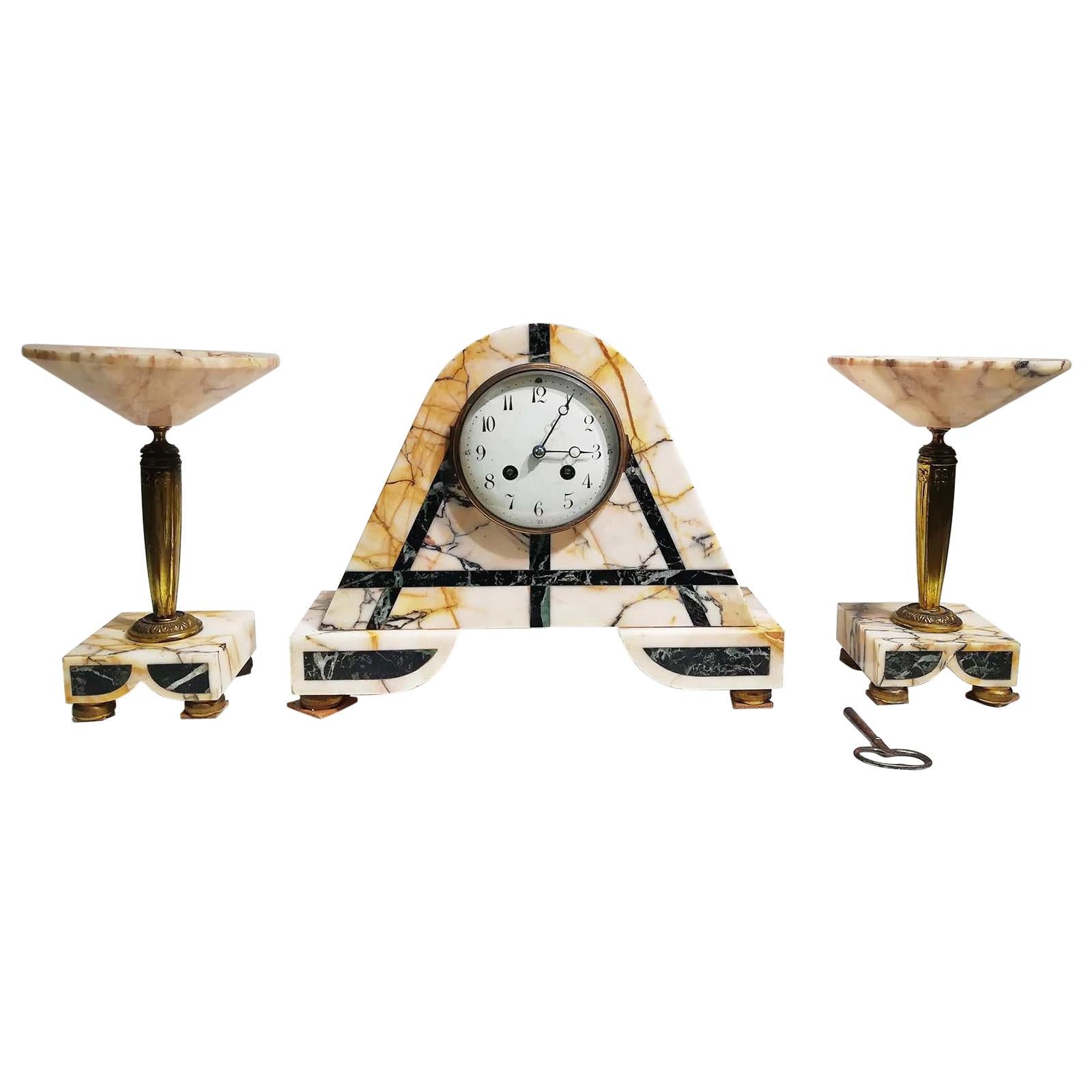 Gorgeous French Art Deco Clock Set and Two Tazzas Signed C.H PARIS and “JUST"