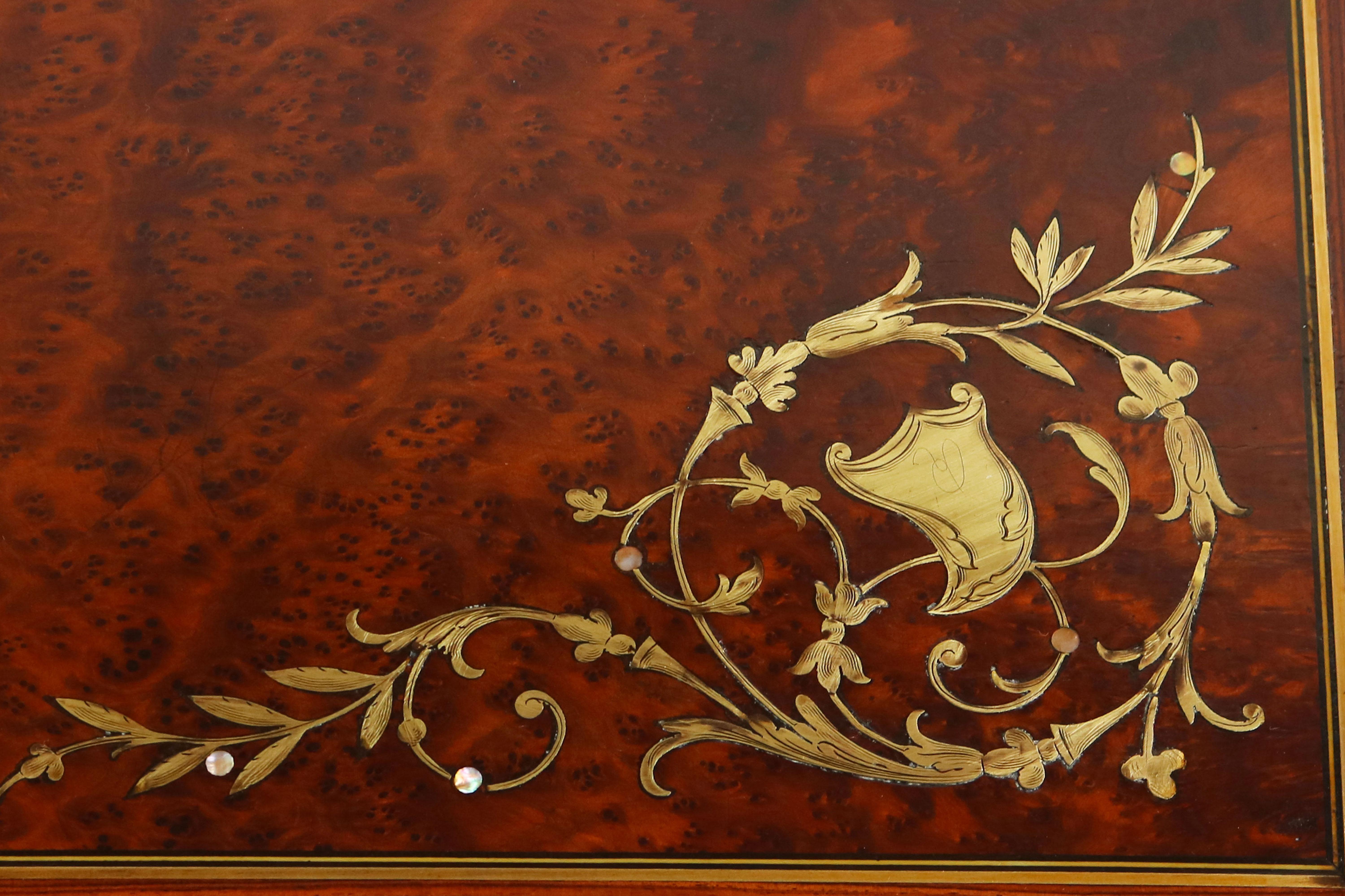 Gorgeous French Jewelry Box Napoleon III 19th Century Burl Wood Brass Inlaid 1